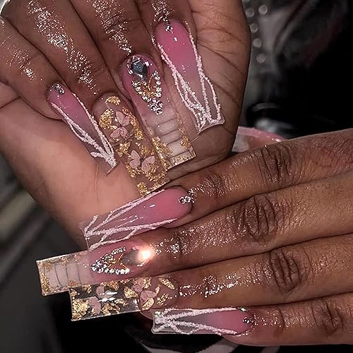 BABALAL Uñas postizas extralargas a presión en forma de ataúd, uñas postizas de color amarillo y rosa degradado, uñas acrílicas con dije de mariposa