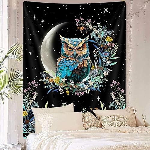 Miniatura 4 de Tapiz vertical estético floral de búho bohemio, diseño de luna, lindo búho botánico, flor botánica, tapiz bohemio para dormitorio, decoración de