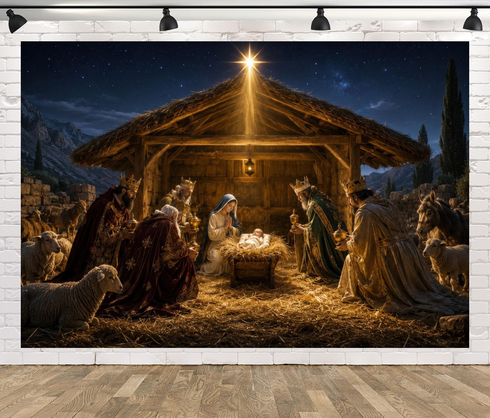 10x10FT (3x3m) Presepe Dorato Con Re Magi Sfondo Fotografico