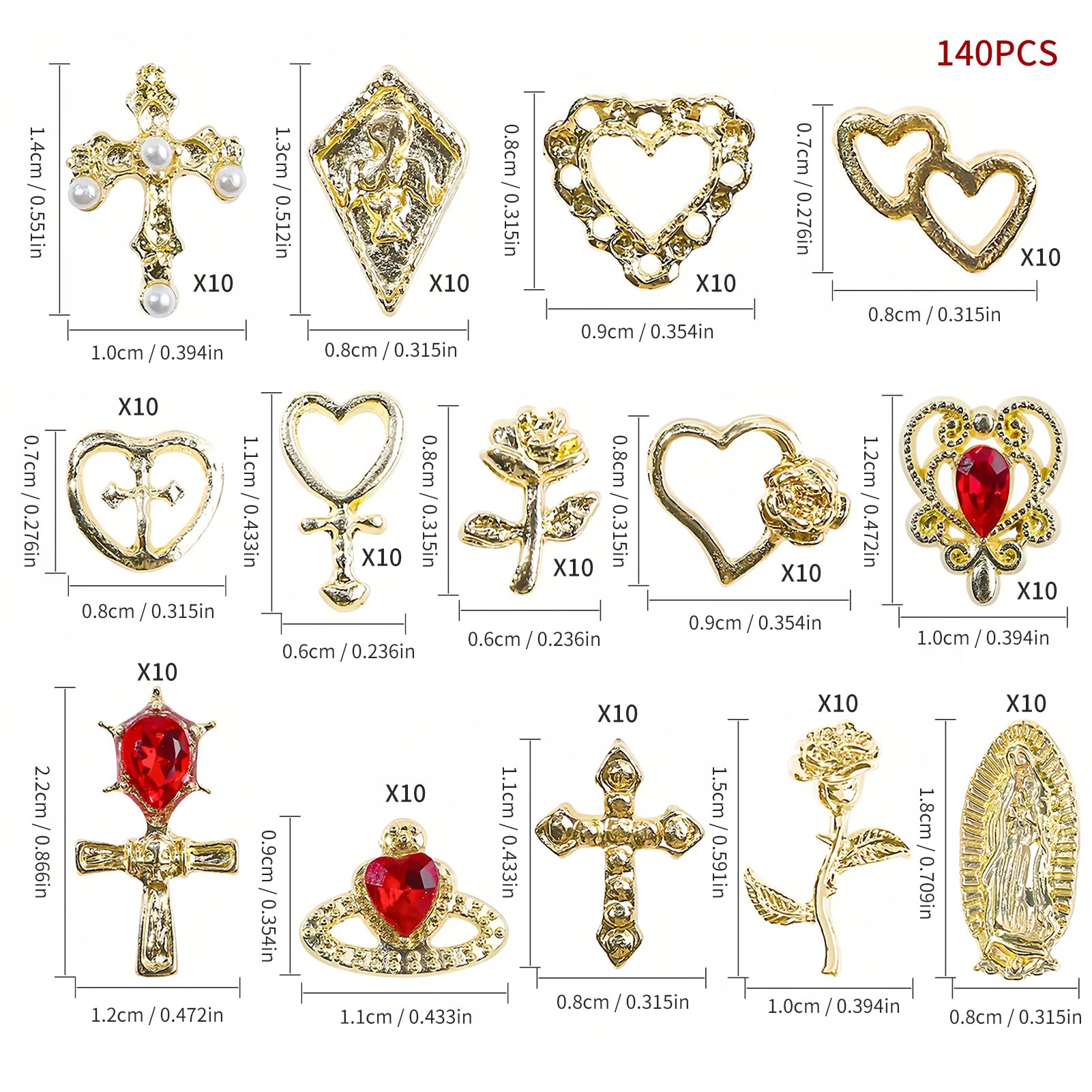 140 Pcs BMYUK Charms Gold 3D Nail Gems Heart Rhinestones Crosses Roses And Women DIY Hand Beauty Creative Nail Designs 14 Styles - Image 3