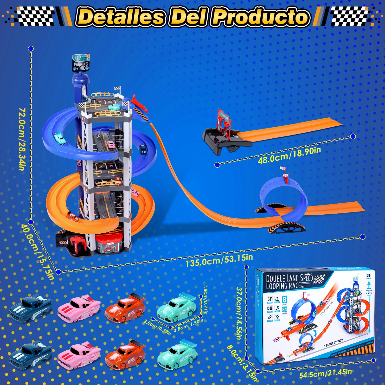 Charmofun 5 Plantas Garaje Coches Juguete, Parking Coches Juguete Gran Parking Infantil con 8 Autos, Ascensor, Rampa Doble, Luz Y Sonido, Pista Coche Niños 3 4 5 6 7 8 Años