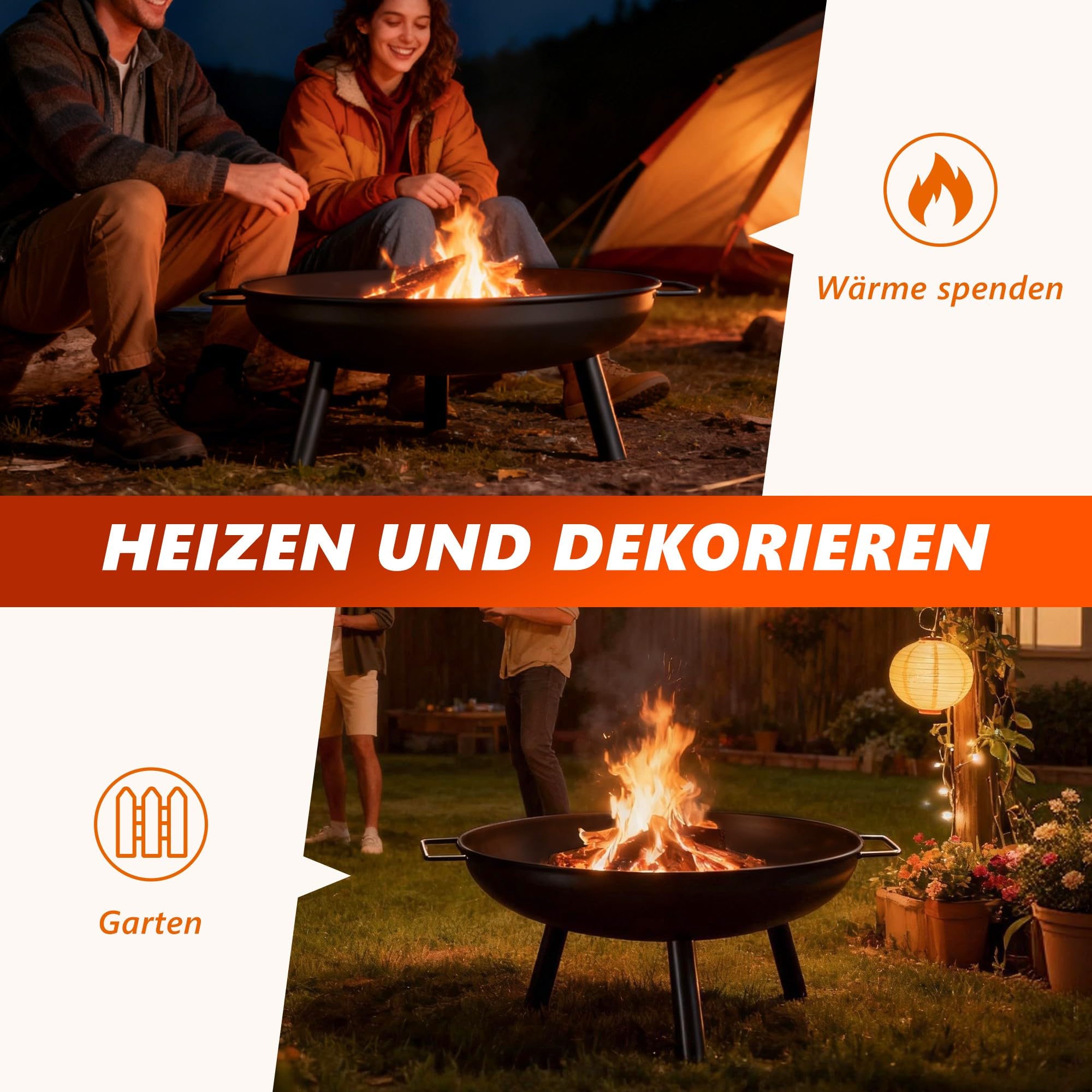 Feuerschale Feuerschalen für den Garten - Feuerstelle Ø 58 cm mit 43 cm Schürhaken - Feuerkorb mit 2 Tragegriffen für Lagerfeuer Garten & Terrasse - 2 Jahre Garantie (Ø 58 cm)