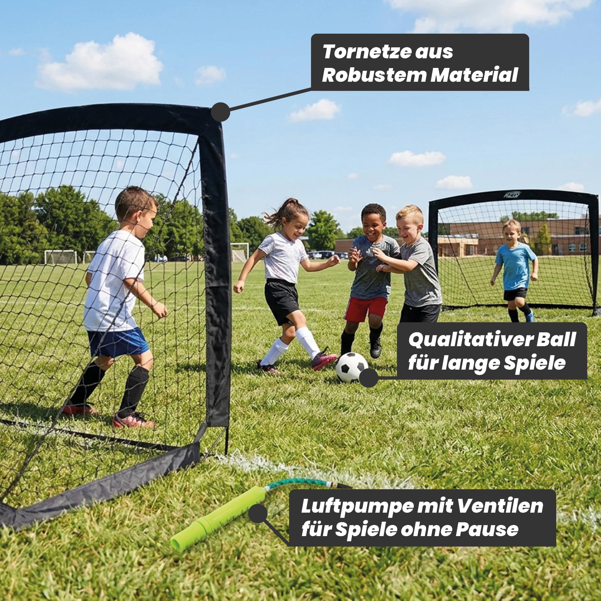 KYTO Fußball Trainingsset für Kinder, 2 Tore, 50 Markierungshütchen, 6 Leibchen in Größe M, Mini Ball, Pumpe, Tasche, Erdanker, Fußball Zubehör für Garten, Park und Training