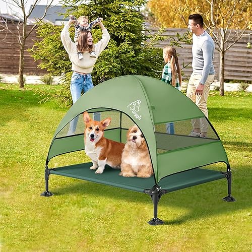 Miniatura 7 de Cama elevada mejorada para perros con toldo, cama elevada portátil para perros al aire libre con pies antideslizantes estables, sombra más ancha