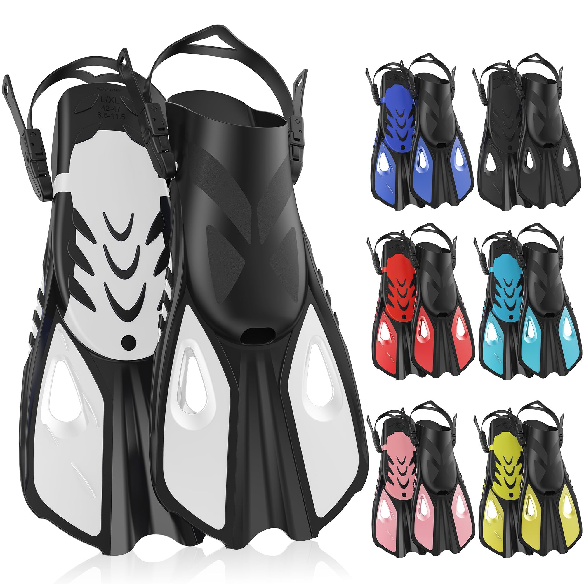 Snorkel Fins, Swim Fins Travel Size Short Adjustable for Snorkeling Diving Adult Men Women Open Heel Swimming Flippers (White, L/XL (UK 7.5–10.5 / US 8.5–11.5 / EU 42–46)) — image 1