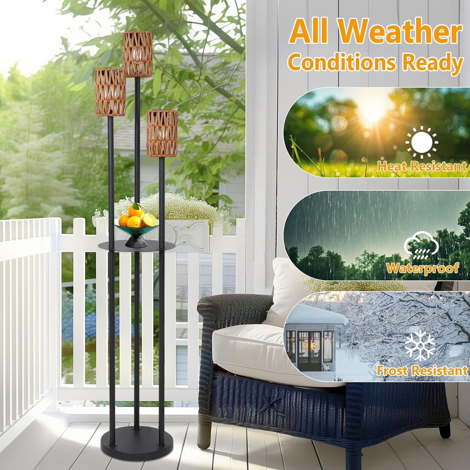 Outdoor Floor Lamp Solar Powered Waterproof, Outdoor Lamps for Patio with Plastic Rattan Shade, Cordless Solar Lights with Shelves Plant Stand, Boho Outdoor Lamps for Deck Porch Yard Garden Decor