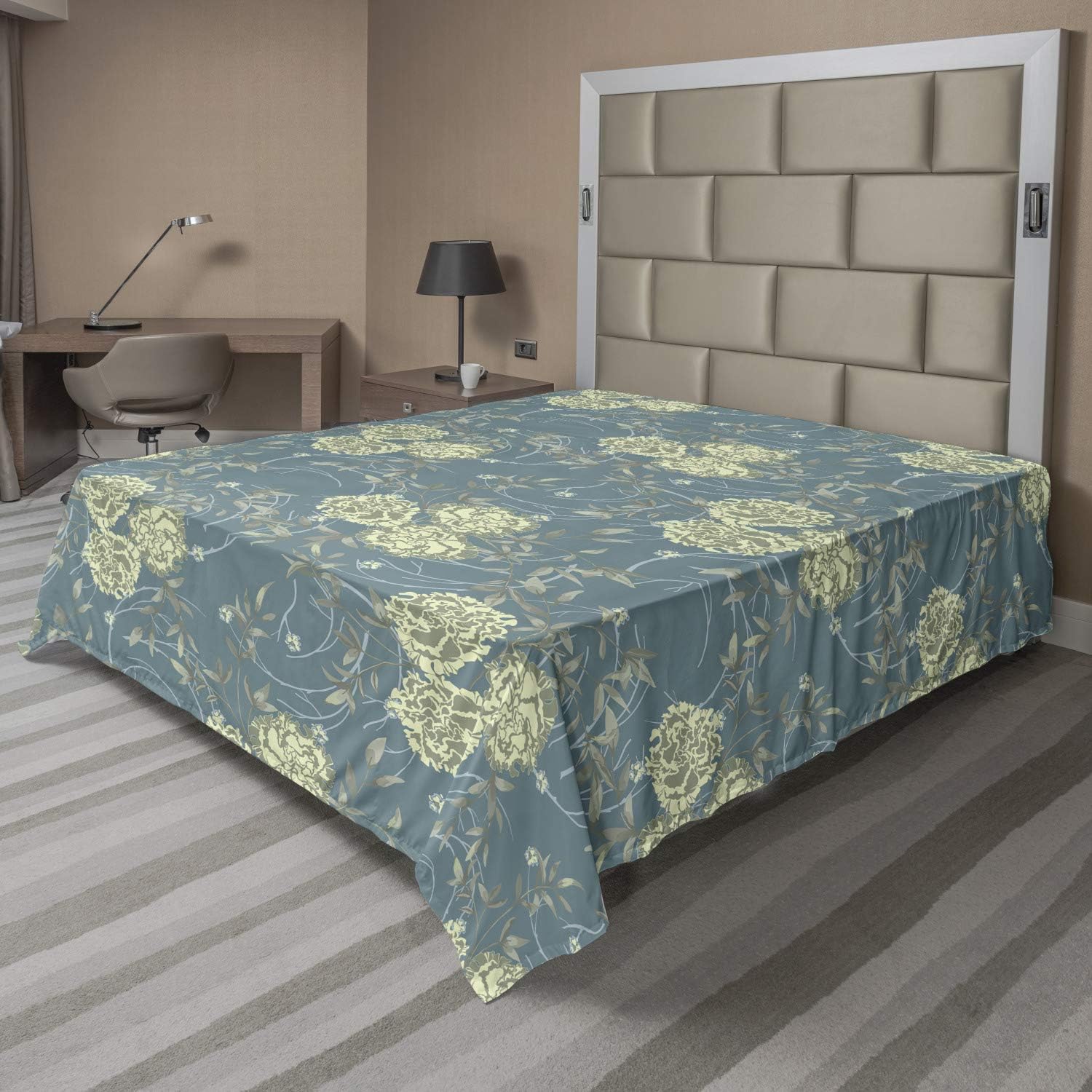 Ambesonne Carnation Flat Sheet, Flower Bouquets Buds Twigs Swirly Branches Botanical Motif Art, Soft Comfortable Top Sheet Decorative Bedding 1 Piece, Queen Size, Cadet Blue and Pale Green
