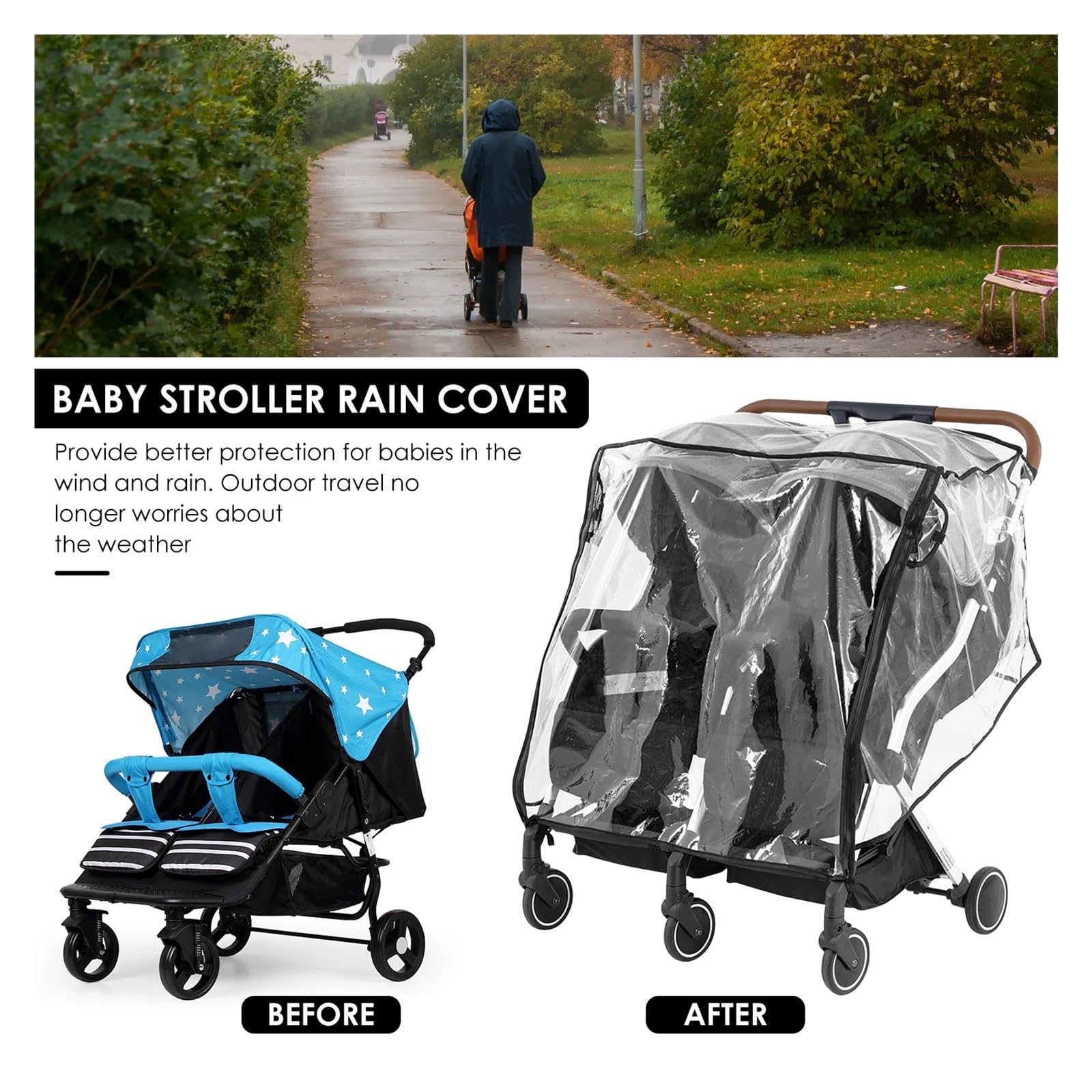 Kinderwagen Regenschutz Universal-Regenschutz for Kinderwagen, for Einzel- und Doppelkinderwagen, transparenter Regenmantel, Wind- und Staubschutz, Zubehör for Kinderwagen im Freien(S)