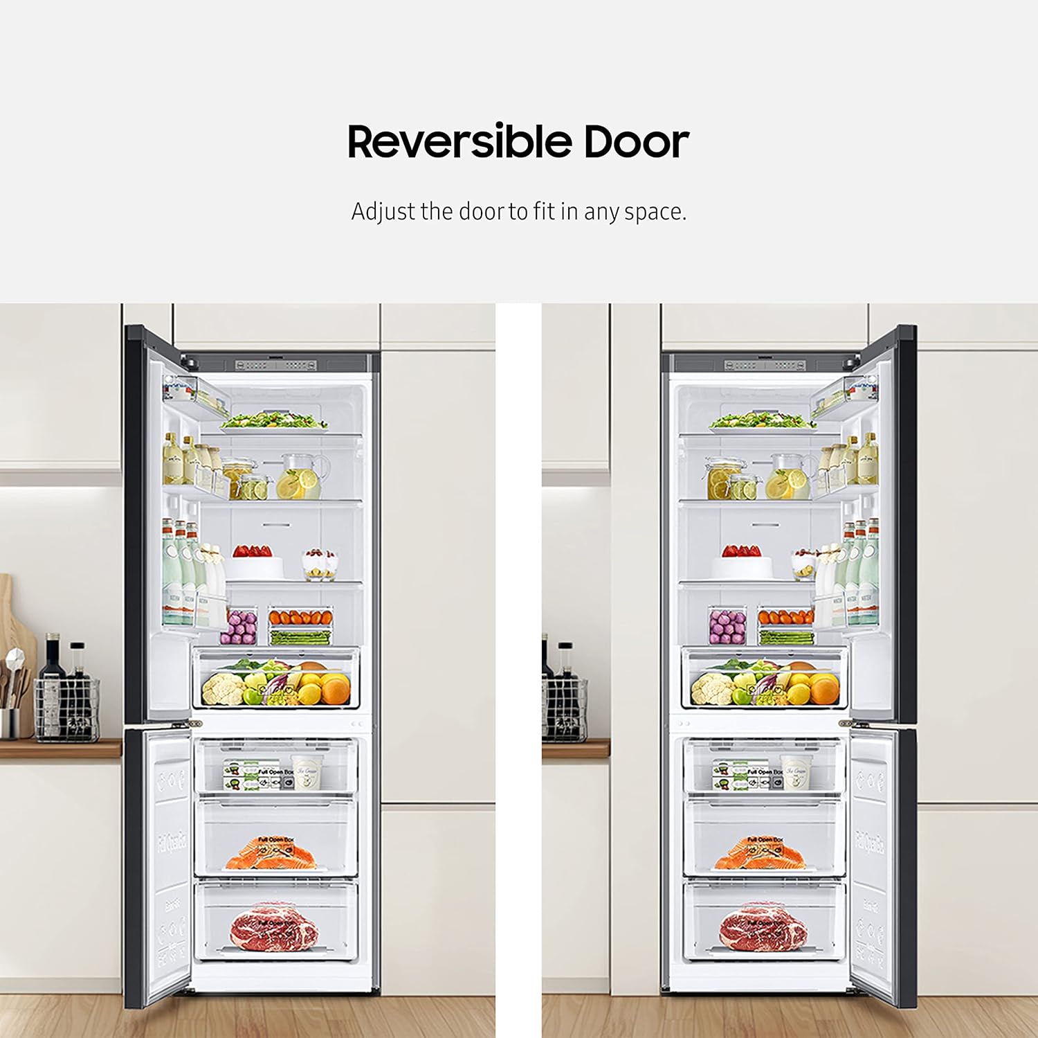 Two refrigerators side-by-side, one with the door opening to the right and the other to the left, demonstrating the reversible door feature.