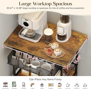 3 Tier Rolling Coffee Cart with 2-Door & Pull-Out Wire Basket Drawer, Movable Coffee Bar Cabinet on Lockable Casters, 32.7 H Microwave Cart with Storage for Home, Kitchen, Dining Room (Rustic Brown)