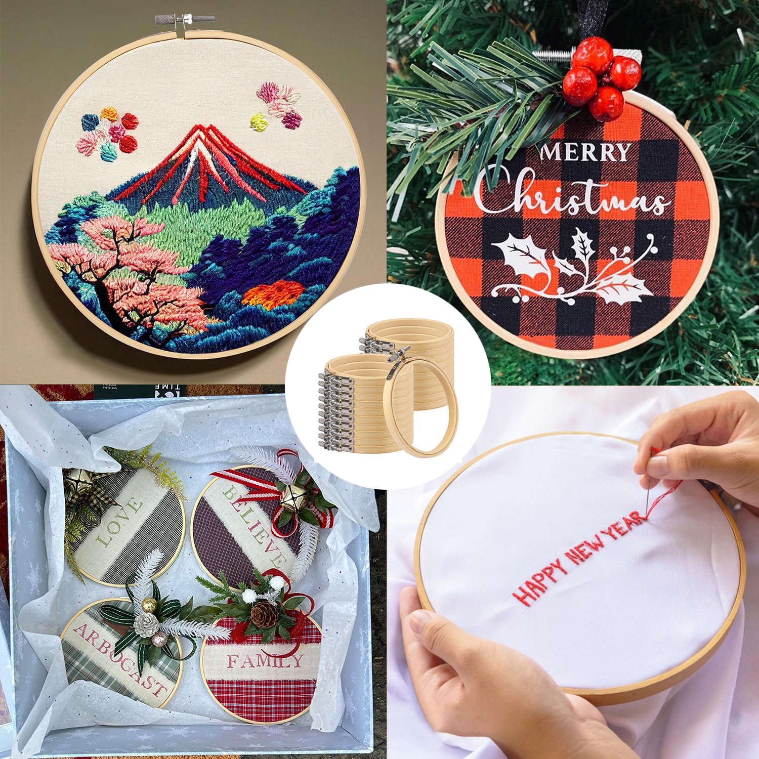 GNIEMCKIN製竹刺繍フープセット 18個 8インチ 調節可能なクロスステッチリング 針仕事 裁縫 手芸用 簡単に緩めるメカニズ