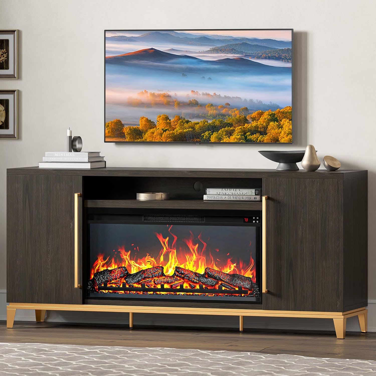 BELLEZE Fireplace TV Stand with 36" Electric Fireplace with Sound, Entertainment Center for TVs Up to 75", TV Console with Storage Cabinet and Open Shelf for Living Room, Bedroom-London (Dark Walnut) - Thumbnail 3