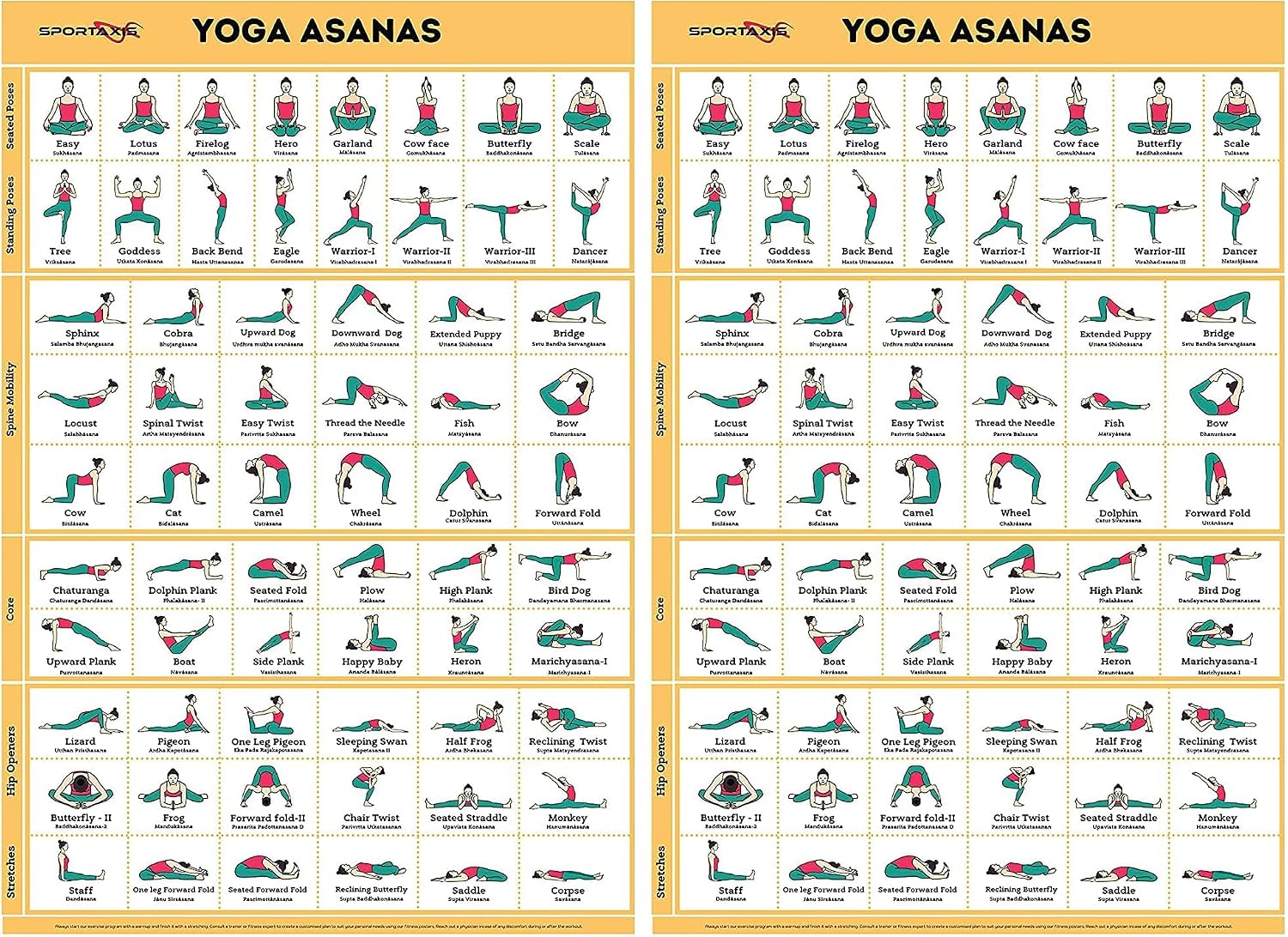 SPORTAXIS Yoga Poses Poster- 64 Yoga Asanas For Full Body Workout- Laminated Home Workout Poster With Colored Illustrations - English And Sanskrit Names