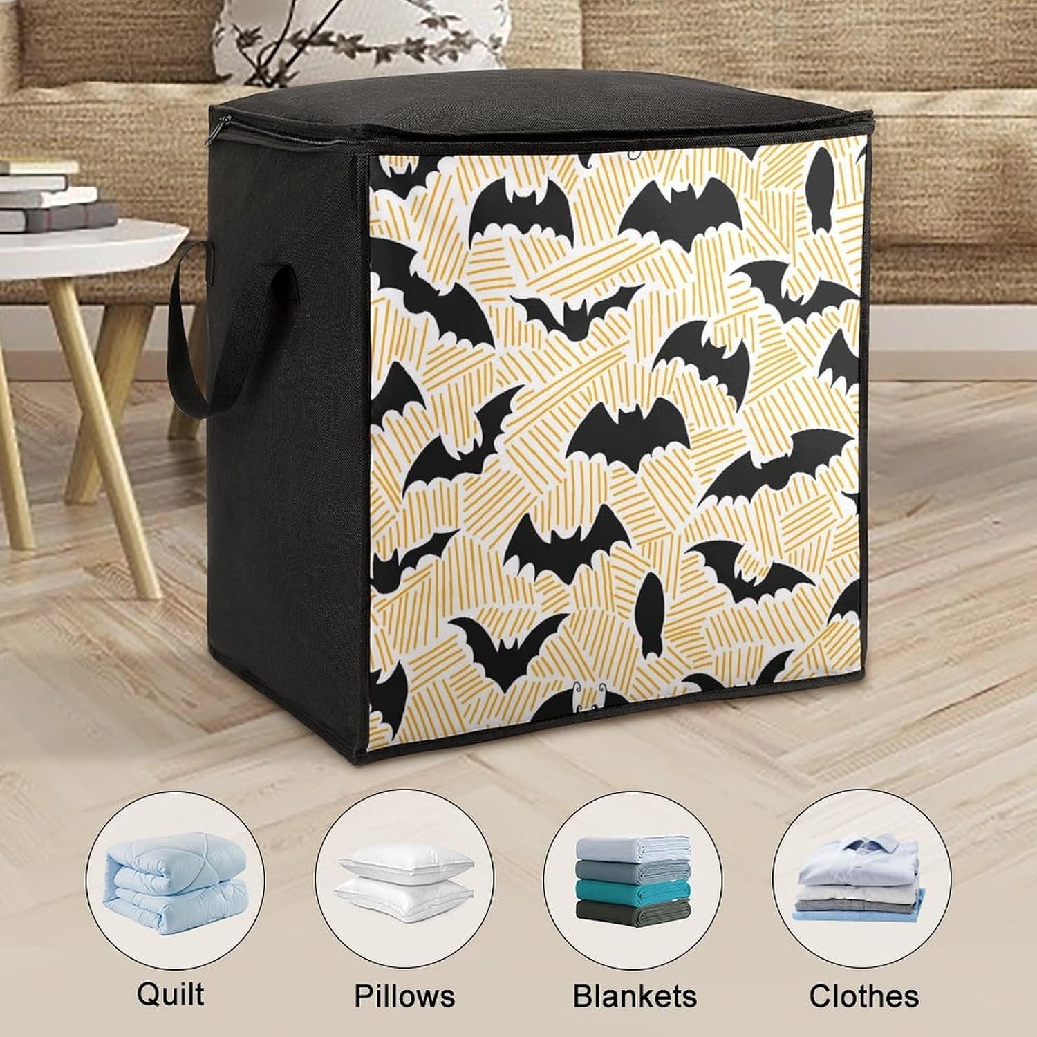 Black Bats Comforter Storage Bag Moving Bag | Clothes Storage Bins-70L,Moving Bag With Dual Handles For Easy Carrying, Zipper Design Durability for Home,Bedroom,Closet