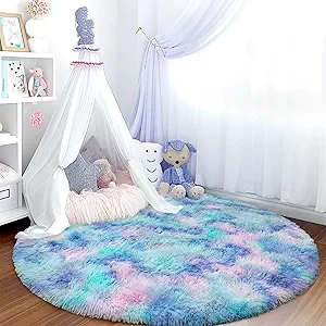 Fluffy Tie-dye Blue Circle Rug - 4FT Super Soft Plush Shaggy Carpet for Kids' Room