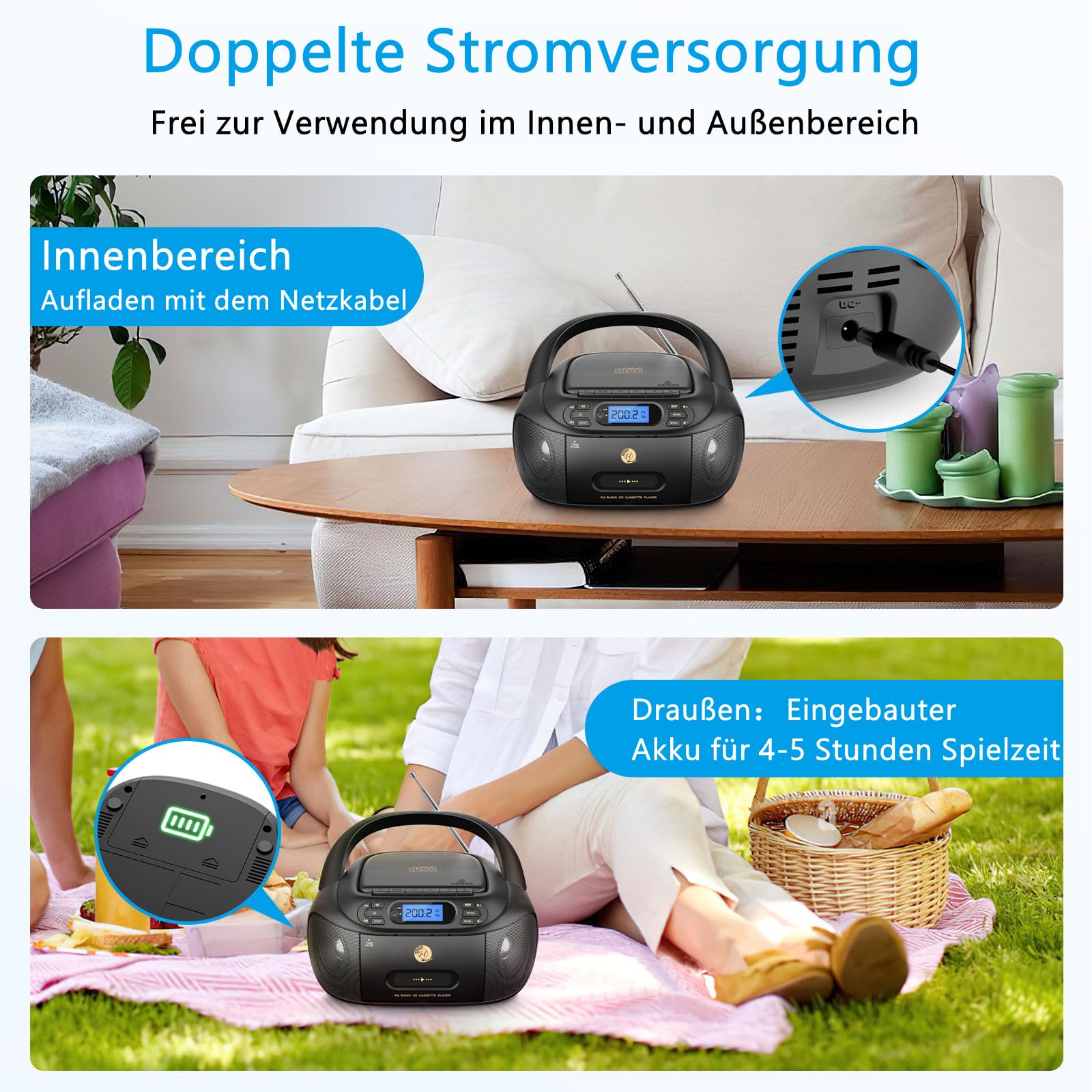CD-Player mit Kassette, CD Boombox mit Bluetooth, UKW-Radio, Eingebauten Stereo-Lautsprechern, Wiederaufladbarem CD/Tape-Player, AUX-Eingang, USB-Wiedergabe, Kopfhörerausgang