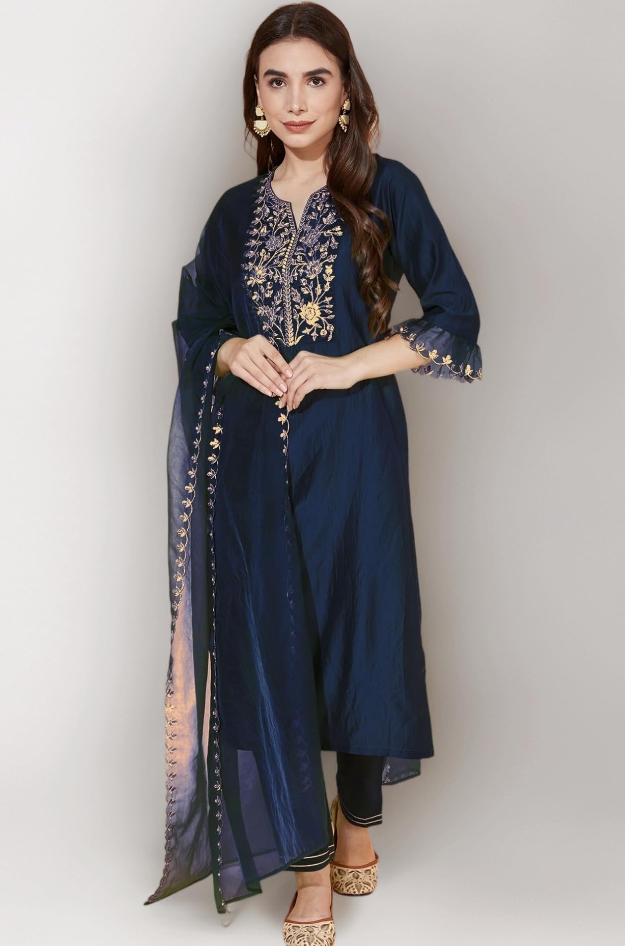 SIRIL Women's Cotton Embroidery Anarkali Kurta Pant with Dupatta Set