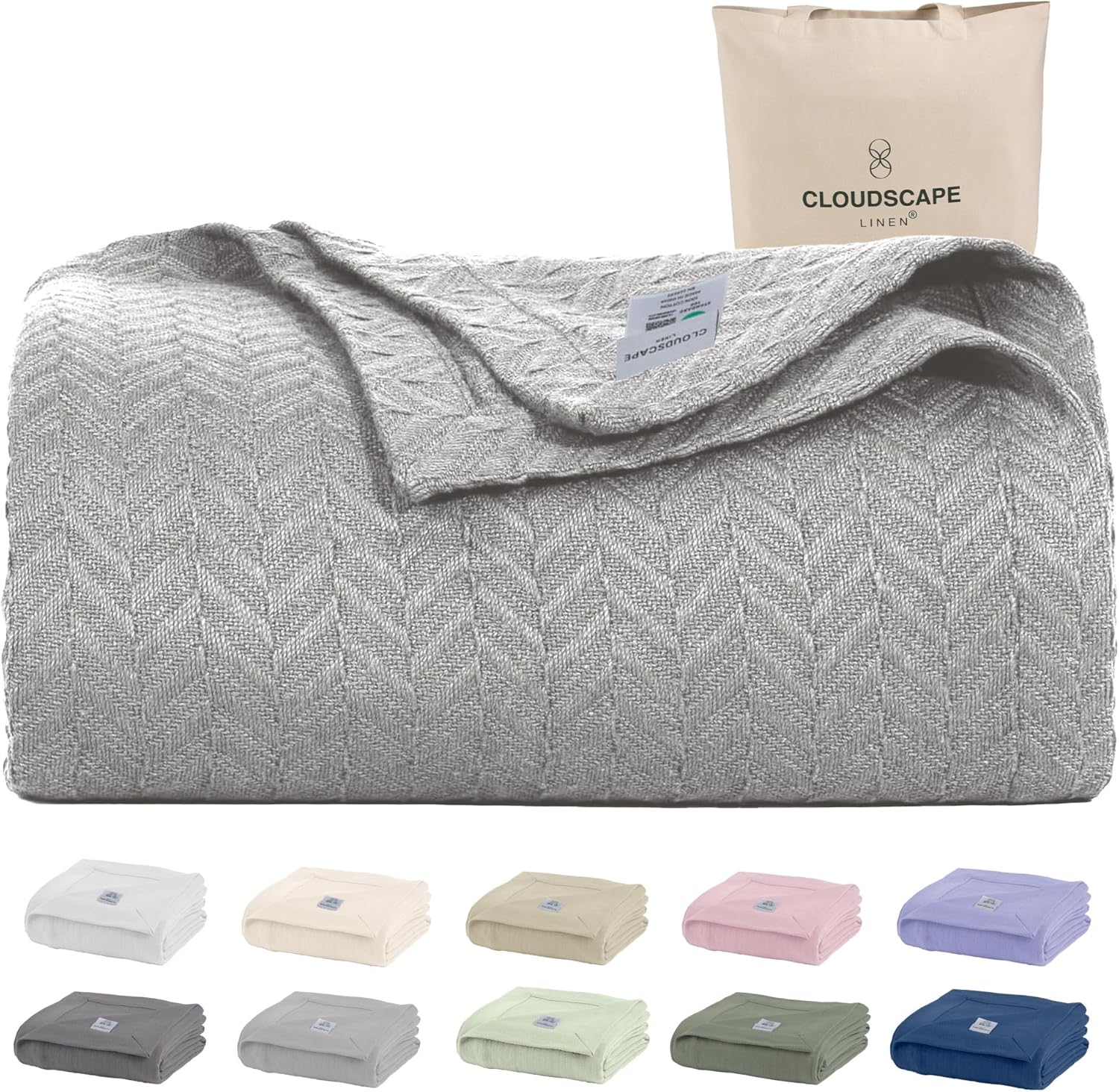 Cloud Scape Linen 100% Cotton Blanket 92x92 Charcoal Grey - Cozy Herringbone Weave, Fits Up to for Full Size Beds, Breathable Softness, All-Season Warmth, Winter Blanket, for Women
