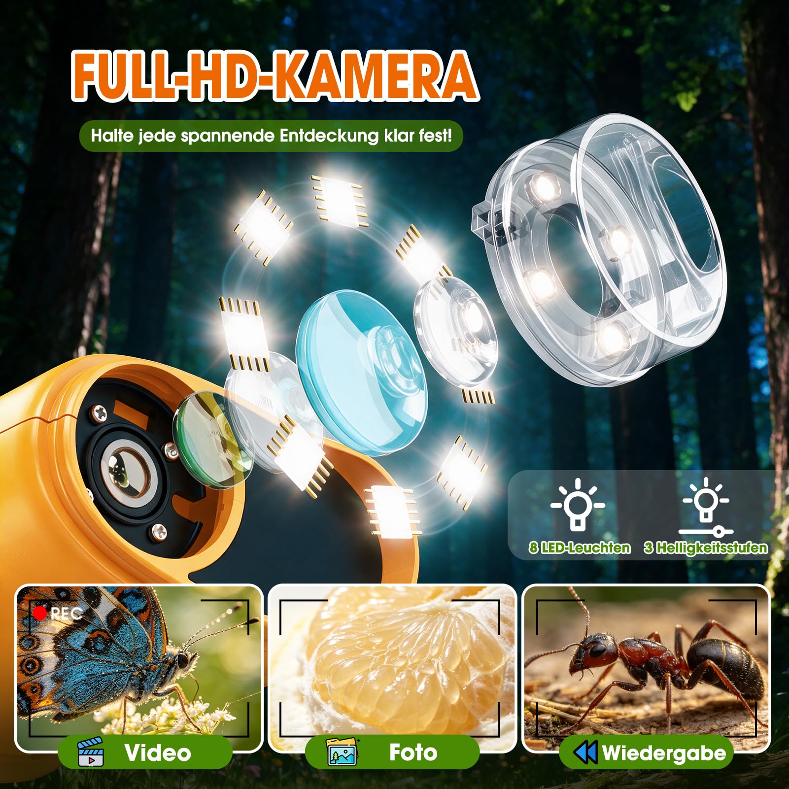 Digitales Mikroskop für Kinder mit 1000-facher Vergrößerung – Taschenmikroskop mit Objektträgern, Foto- und Videoaufnahme, für Garten, Wald und Experimente, Geschenk Spielzeug ab 3-12 Jahre Jungen