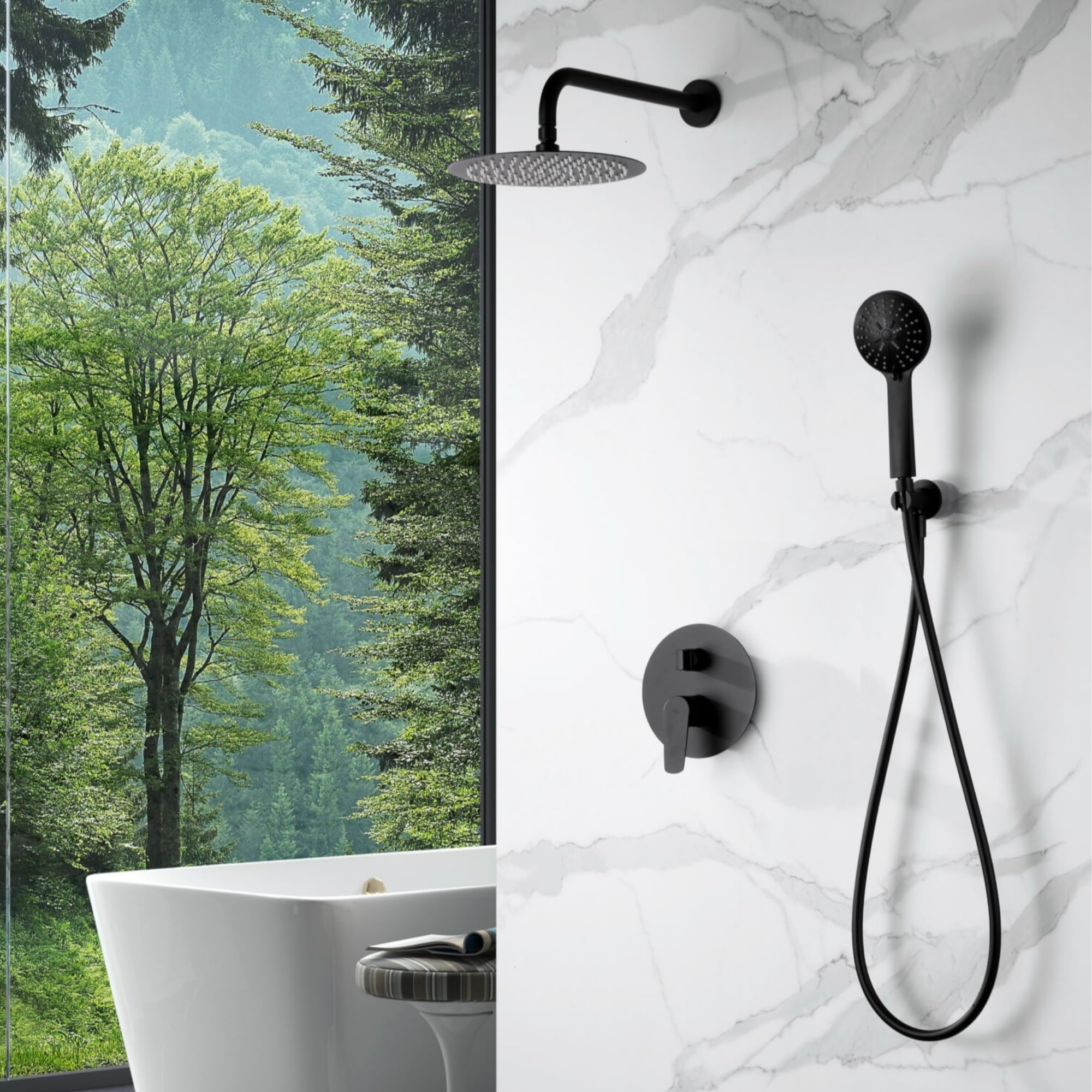 IMEX - Ducha Empotrada Negra Monomando | Conjunto de Grifería Empotrado con Alcachofa y Rociador Antical Efecto Lluvia | Columna Ducha Empotrada con Grifo en Latón y Acero Inox S.304 | Serie Bélgica