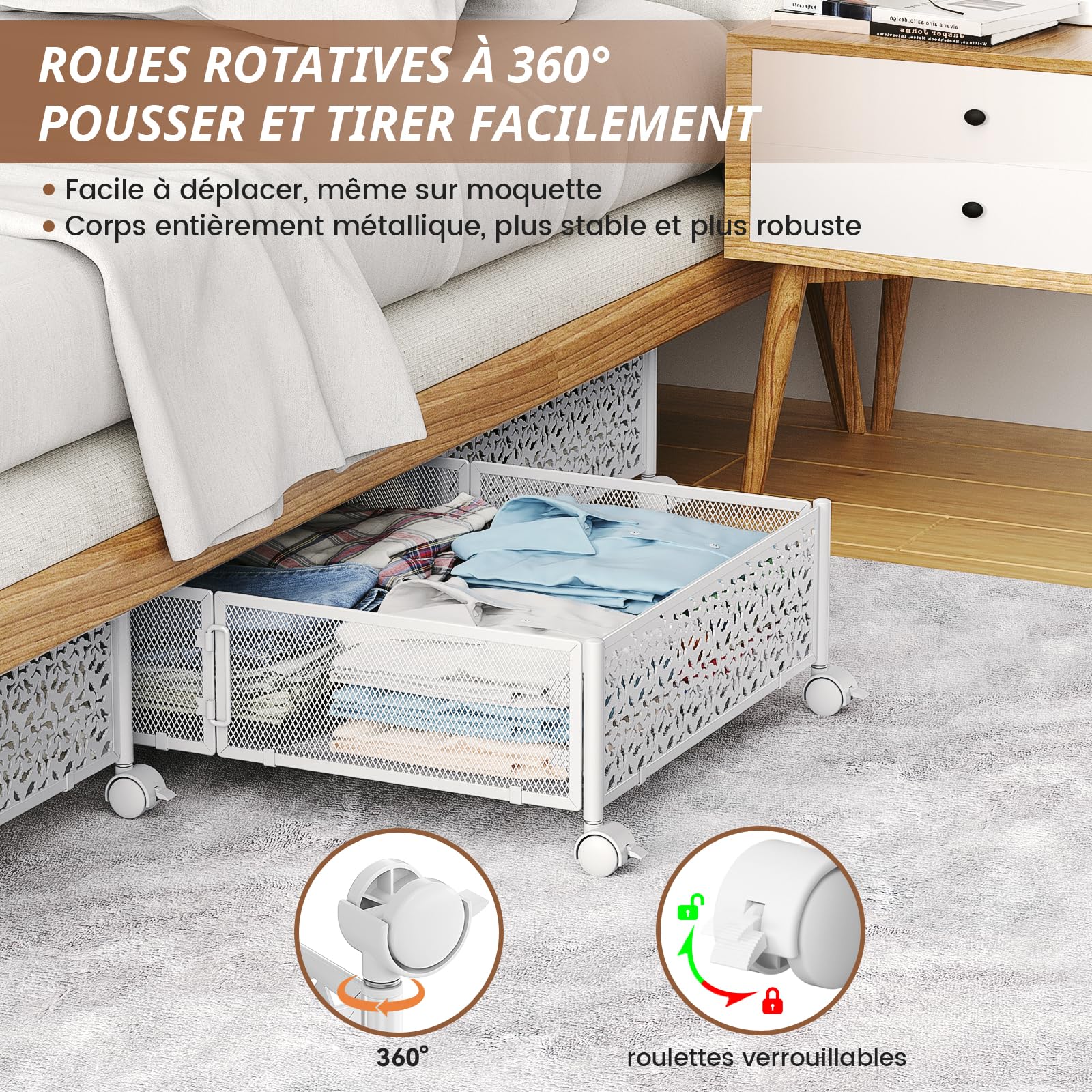 Lot de 2 Boîtes de Rangement sous le Lit avec Roulettes,en Métal,Blanc | Montage sans outil,glisse en douceur,accès facile,pour les lits bas-garde les vêtements,chaussures et chaussettes au frais