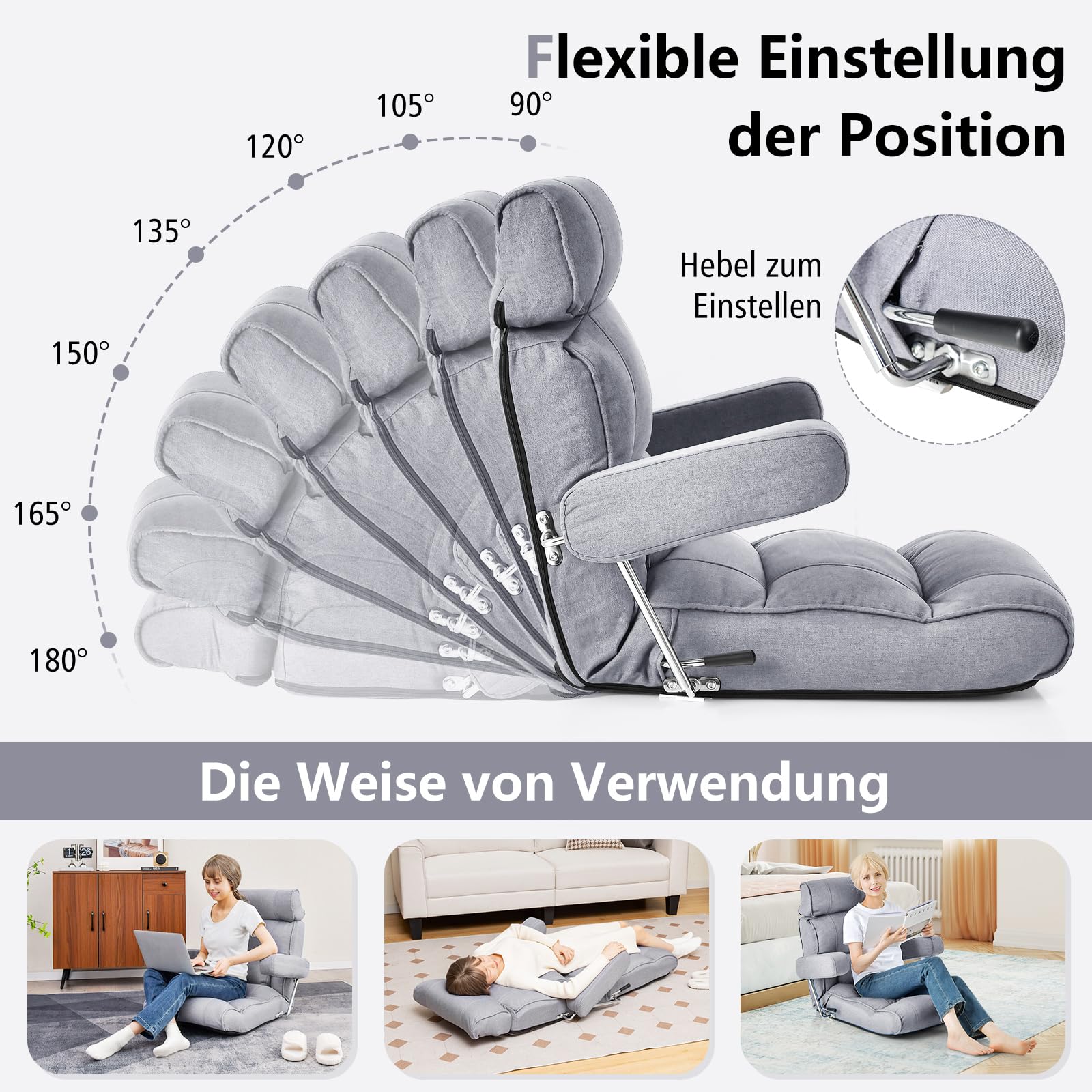 COSTWAY Bodenstuhl, klappbares Bondensofa mit Verstellbarer Rückenlehne, Kopfstütze, Lendenstütze, und hochklappbaren Armlehnen, Bodensessel, Relaxsessel zum Meditation, Lesen, Gaming (Grau)