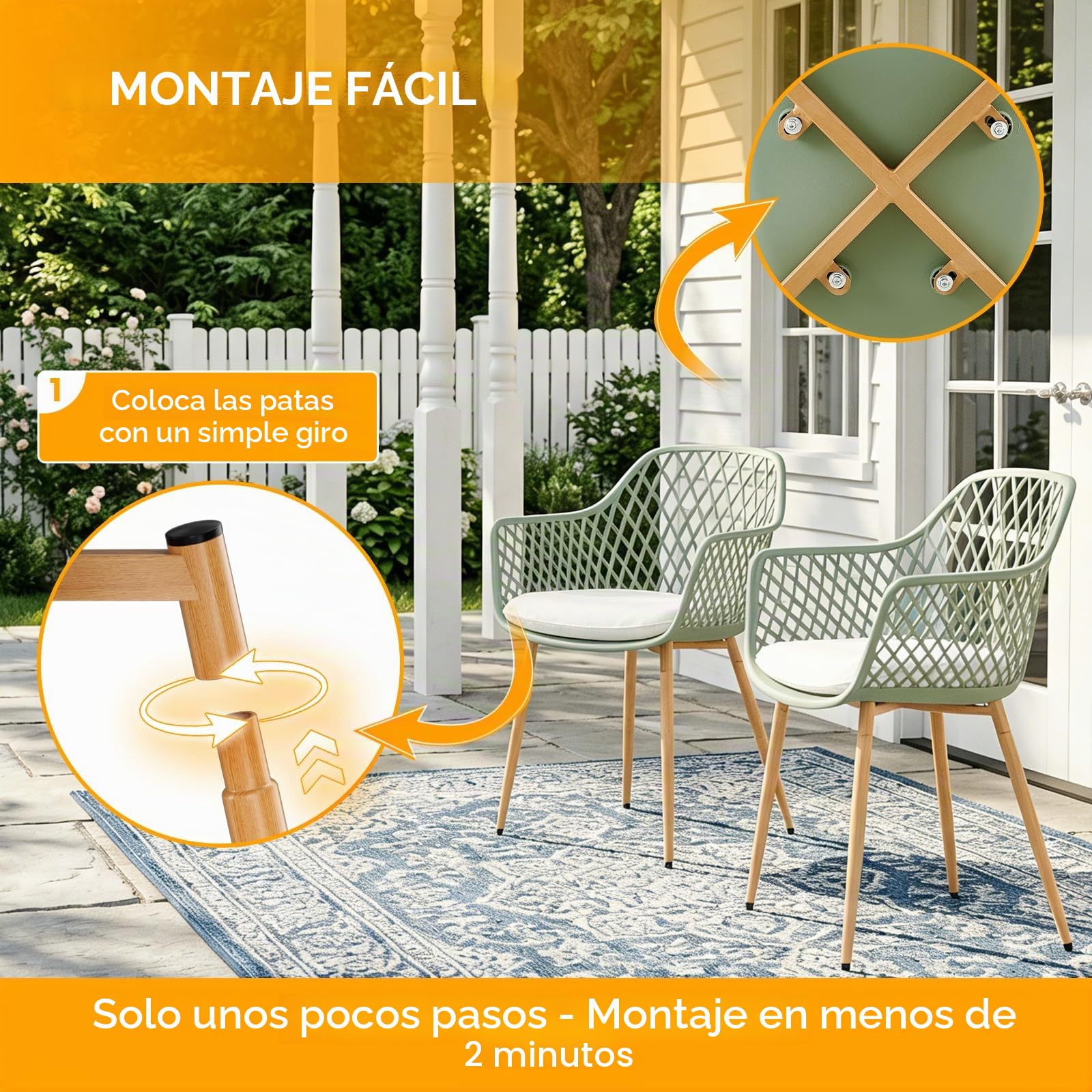 buybyroom Set de 6 sillas de jardín para exteriores, de plástico, para balcón con patas de metal, capacidad de carga 120 kg, color: gris/verde