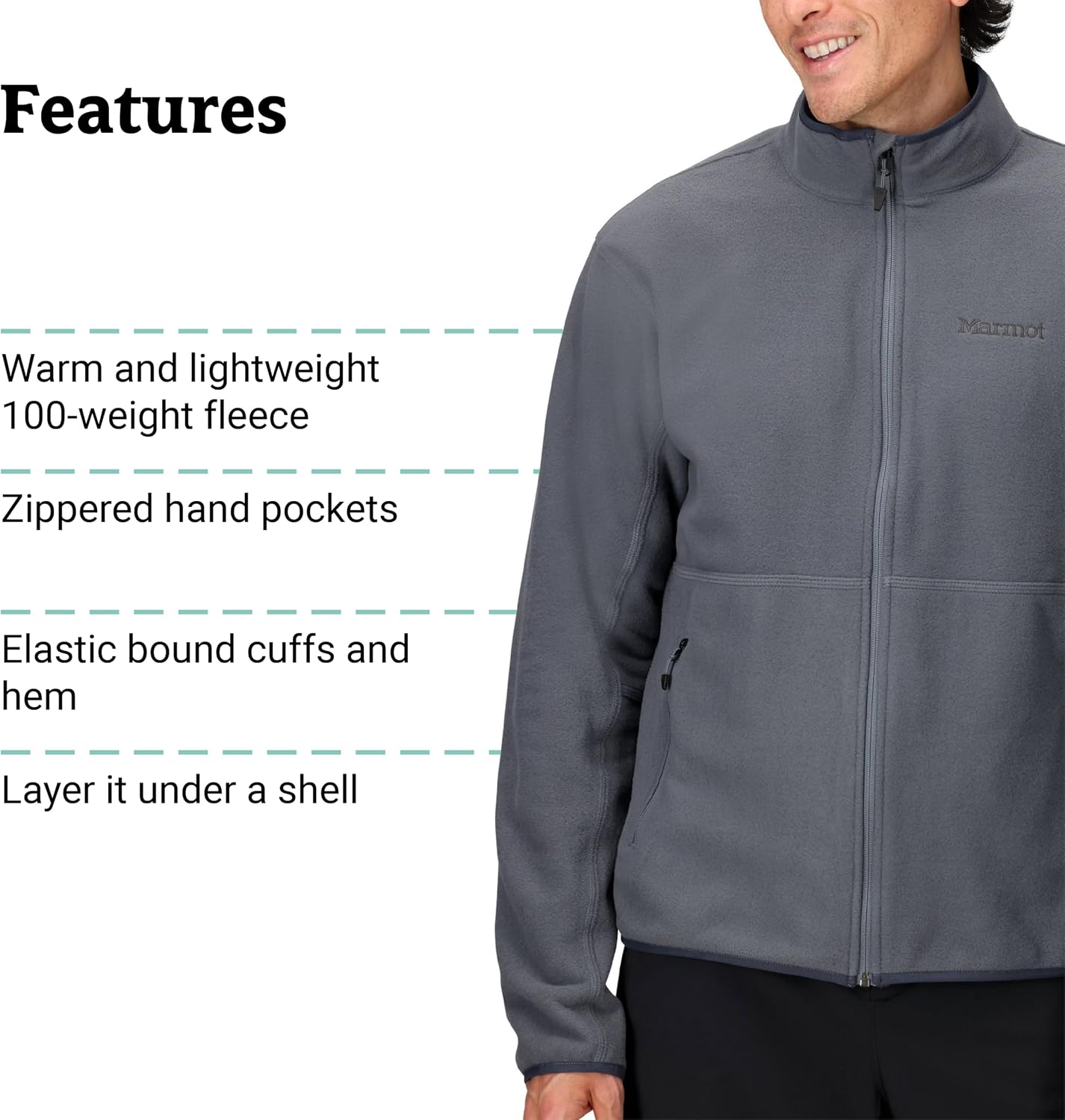 MARMOT Men's Rocklin Full-Zip Jacket - Classic, Warm, Lightweight 100-Weight Fleece Layer