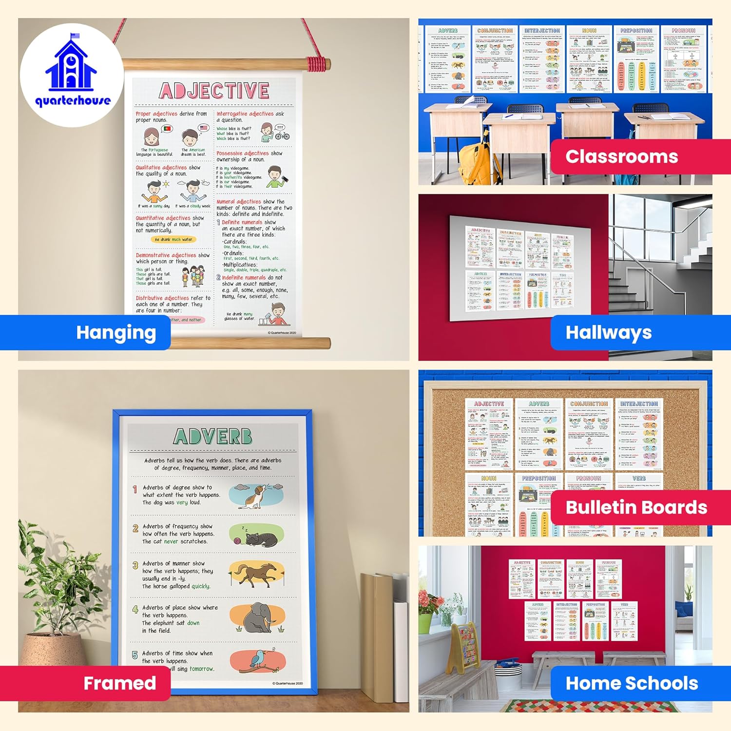 Quarterhouse 8 Poster English Parts of Speech Set, English Classroom Learning Materials for K-12 Students and Teachers, 12 x 18 Inches, Made in USA