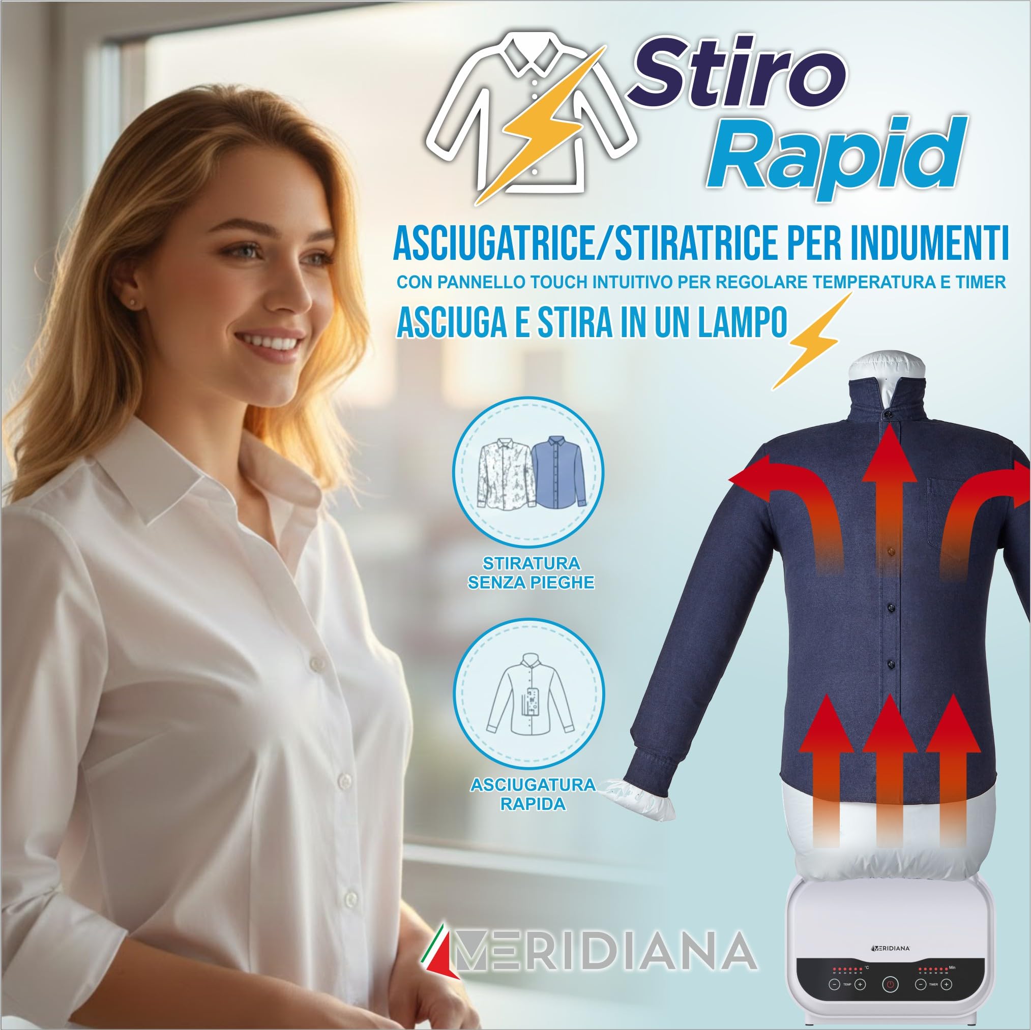 Meridiana Manichino per Stirare e Asciugare Camicie, Stiratore verticale Timer 180 min, Asta Telescopica in Alluminio, Asciuga e Stira camicie Automatico 1200 W, Ferro da stiro verticale