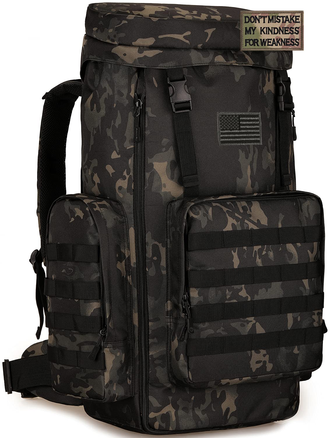 SunForMorning Large Tactical Hiking Daypack 70-85L Military MOLLE Assault Backpack Army Traveling Camping Pack Bug Out Bag Outdoor Rucksack (Rain Cover & 2 Patch Included), Black Camo