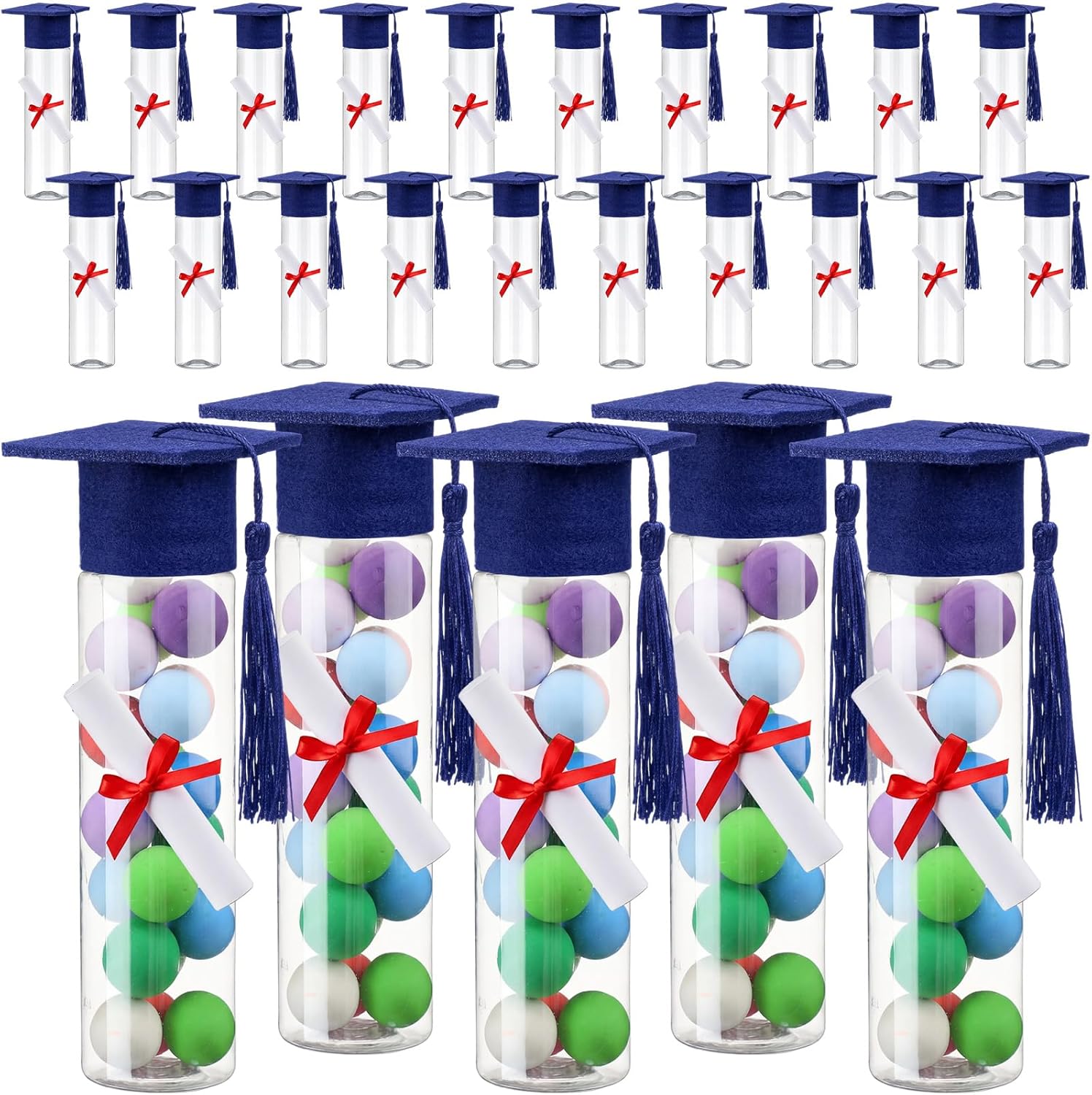 Vesici 25 Set Graduation Candy Tubes 2026 Creative Graduation Party Favors Candy Boxes Plastic Grad Cap Jars Container with Tassels and Mini Diplomas for DIY Grad Table Party Favors(Royal Blue)