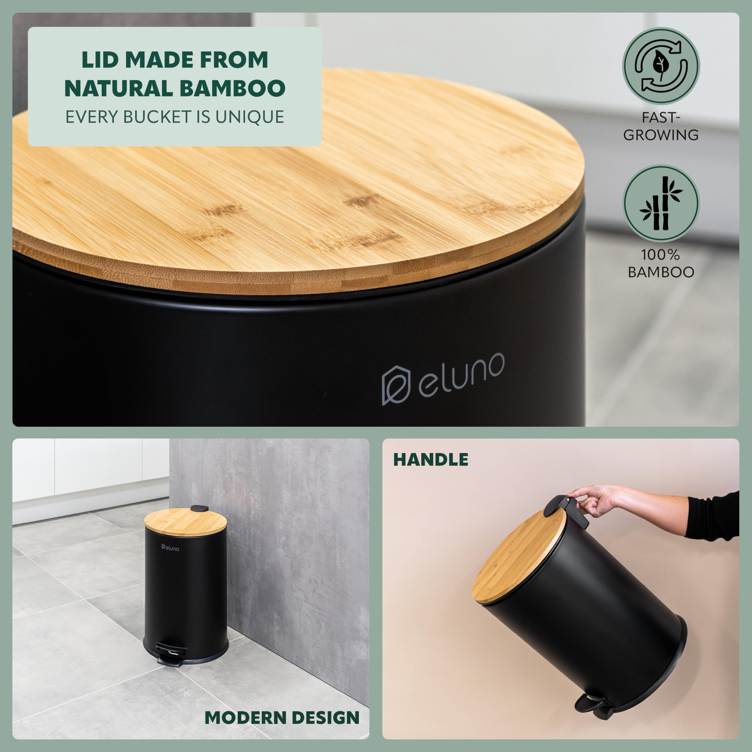 eluno Cubo de basura de cocina con pedal de 20 litros de capacidad, con tapa de bambú de cierre suave para baño, cocina, cubo interior de plástico extraíble, de bambú y metal (Negro)