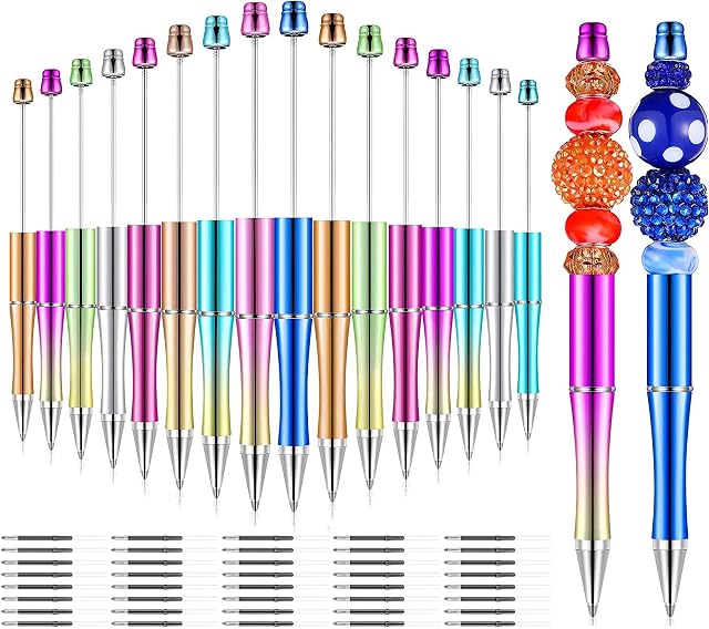 KAHEIGN 20Pcs Plastic Beadable Pen, 14CM Ballpoint Pen Bead Pen Shaft Black Ink Rollerball Pen with 40Pcs Extra Refills for Kids Students Office School Supplies (10 Gradient Colors)