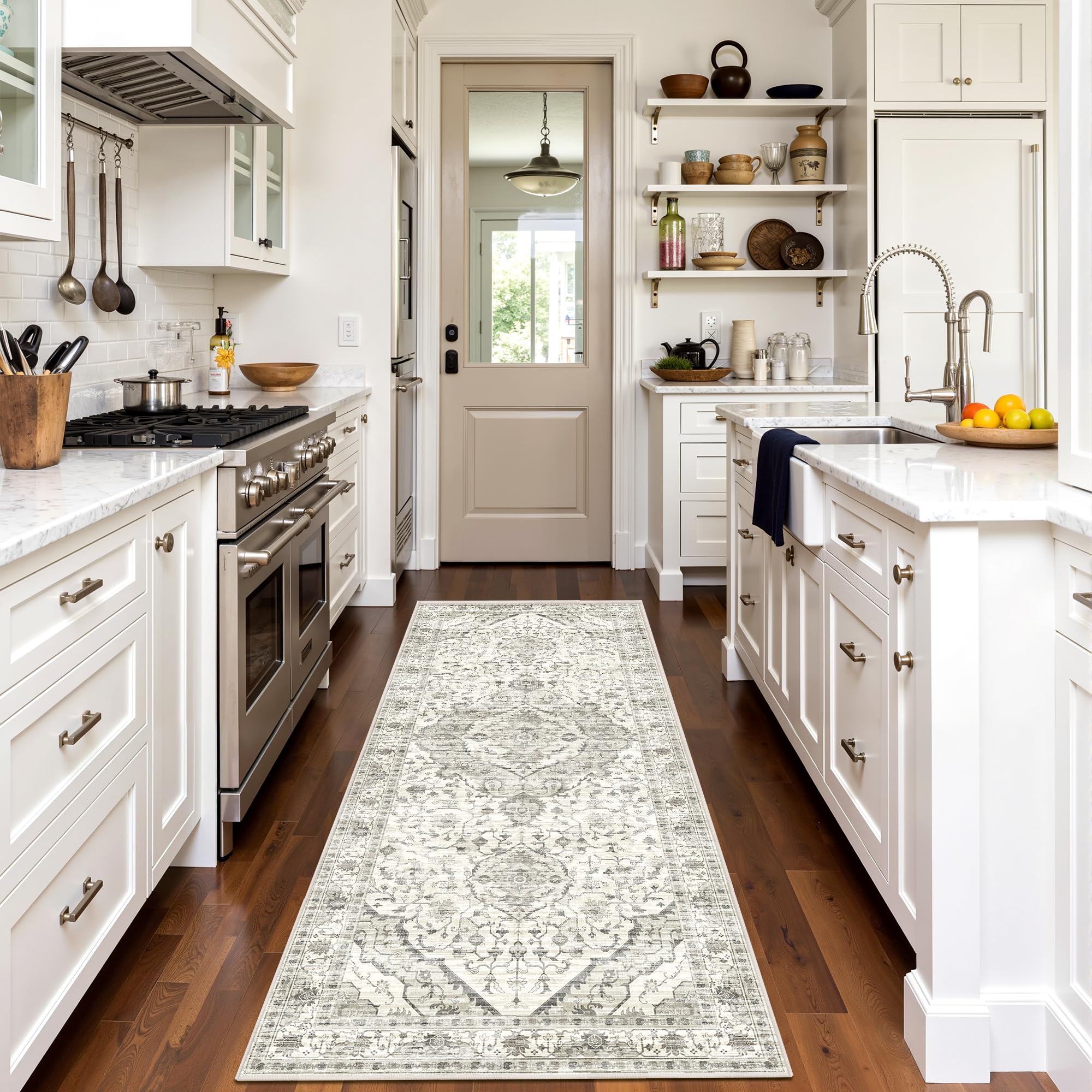 3x7 Runner Rugs for Hallway Non-Slip Hallway Runner Rug with Rubber Backing Washable Rug Runner for Kitchen Bedroom Vintage Distressed Carpet (Border