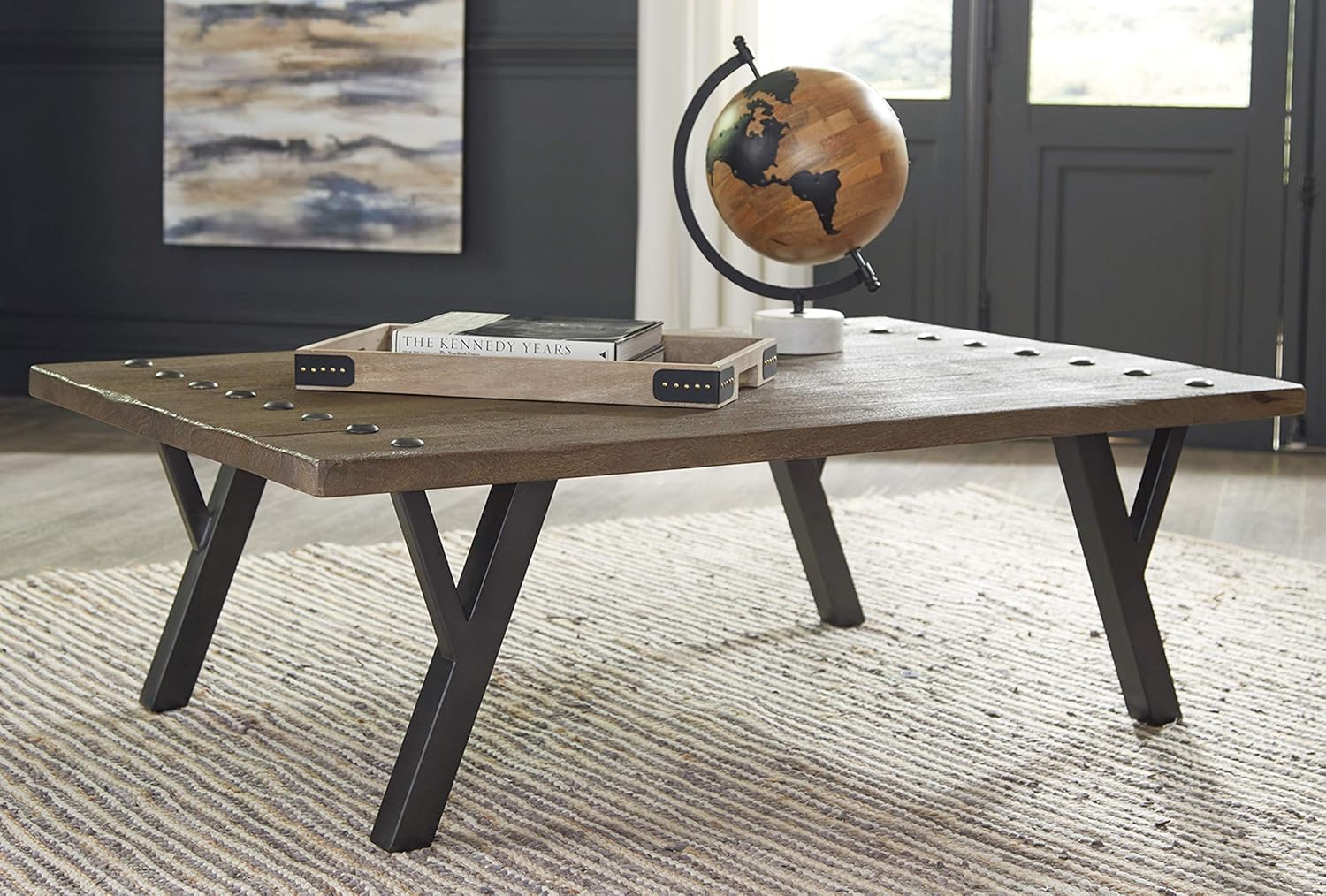 Signature Design by Ashley Haffenburg Industrial Mango Wood Rectangular Coffee Table, Dark Brown : Home & Kitchen