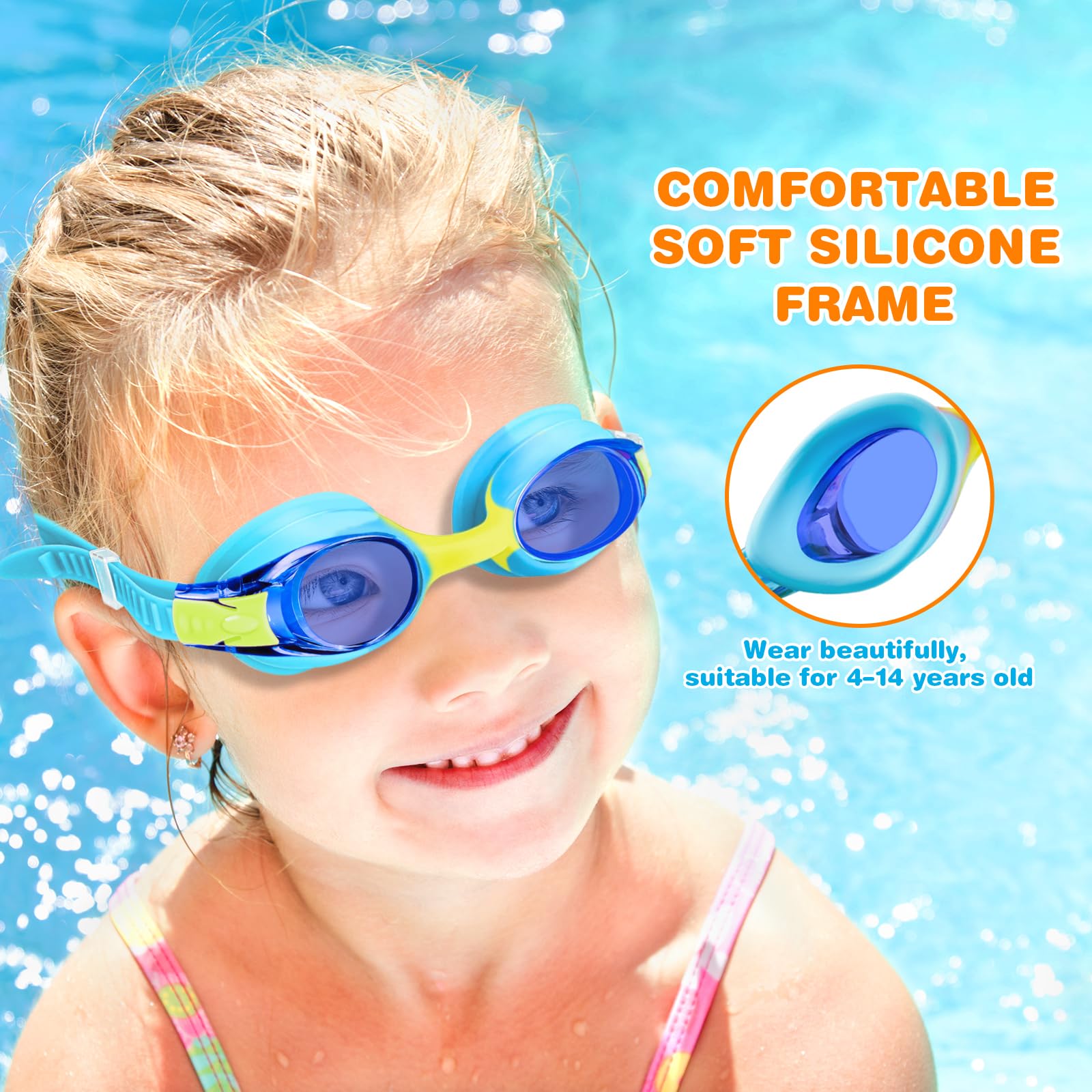 Kinder-Schwimmbrille 4–14, Anti-Beschlag-Schwimmbrille mit UV-Schutz, wasserdichte Schwimmbrille für Jungen und Mädchen, 4 Stück