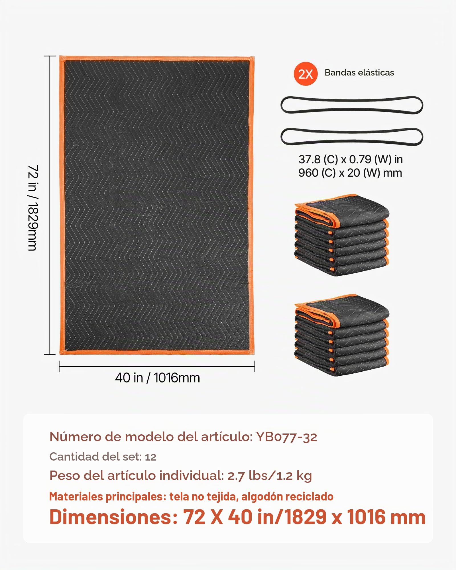 VEVOR Mantas de Embalaje y Mudanza 12 Piezas 1829 x 1016 mm, Manta para Envolver Muebles, Estructura de 3 Capas de Tela no Tejida y Relleno de Algodón para Envíos, Embalaje, Protección de Muebles