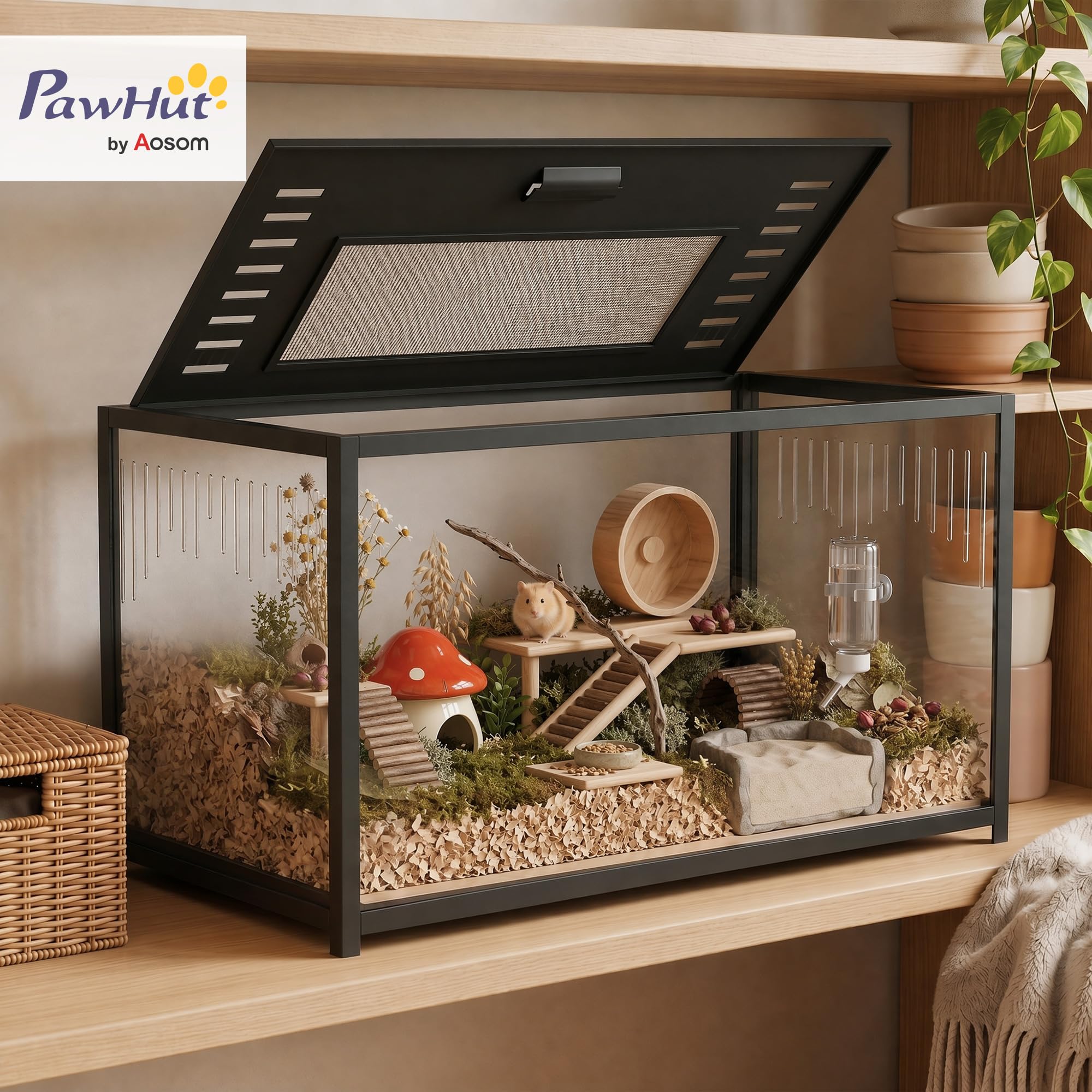 PawHut Gabbia a criceto in metallo con base profonda – Habitat per roditori trasparente di vista panoramica a 360°, coperchio apribile, ventilazione laterale – gabbia per criceto siriano nano, 80 x 45