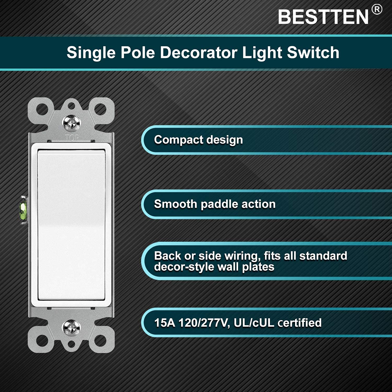 [100 Pack] BESTTEN Single-Pole Decorator Wall Light Switch, 15A 120/277V, On/Off Rocker Interrupter, UL Listed, White - - 