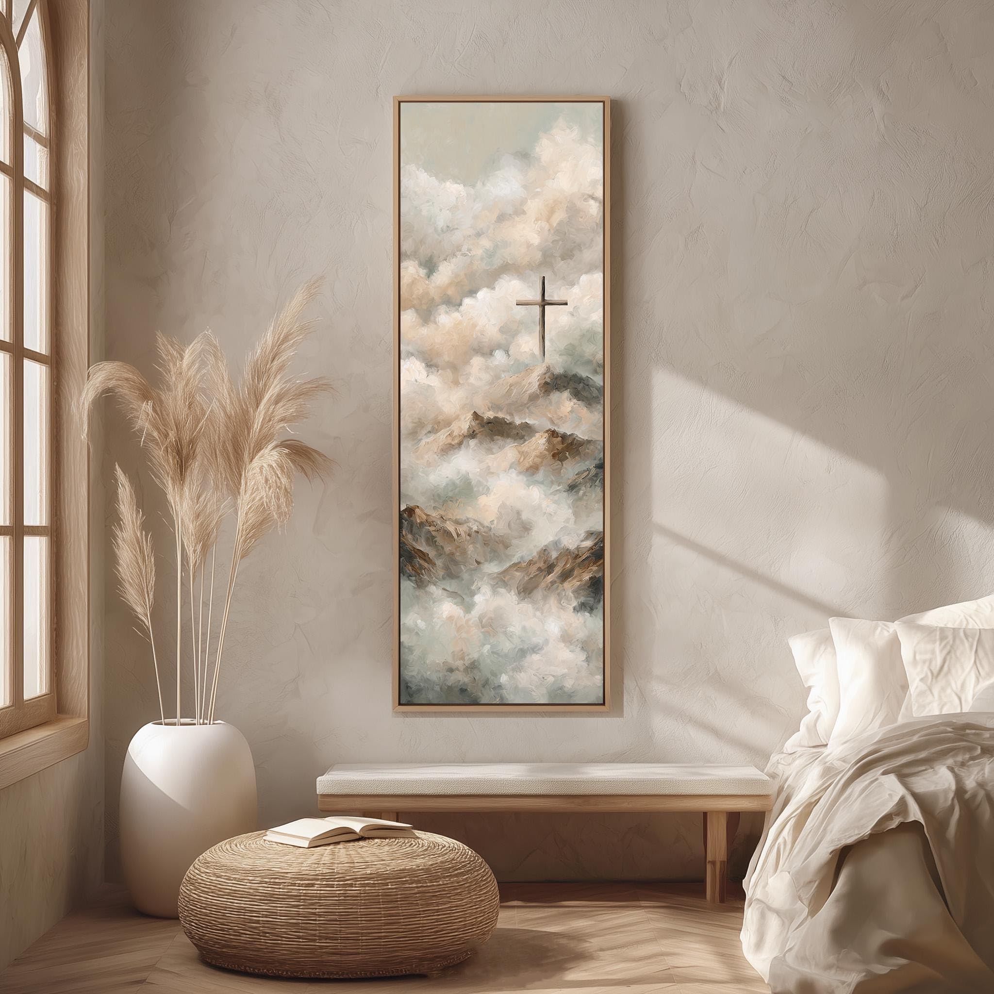Xbtykpb Frameless Framed Tall Narrow Art, Long Vertical Cross Canvas Wall Art, Skinny Decor, Sky Print, Spiritual Mountain Decor Painting(30X90cm/Frameless)