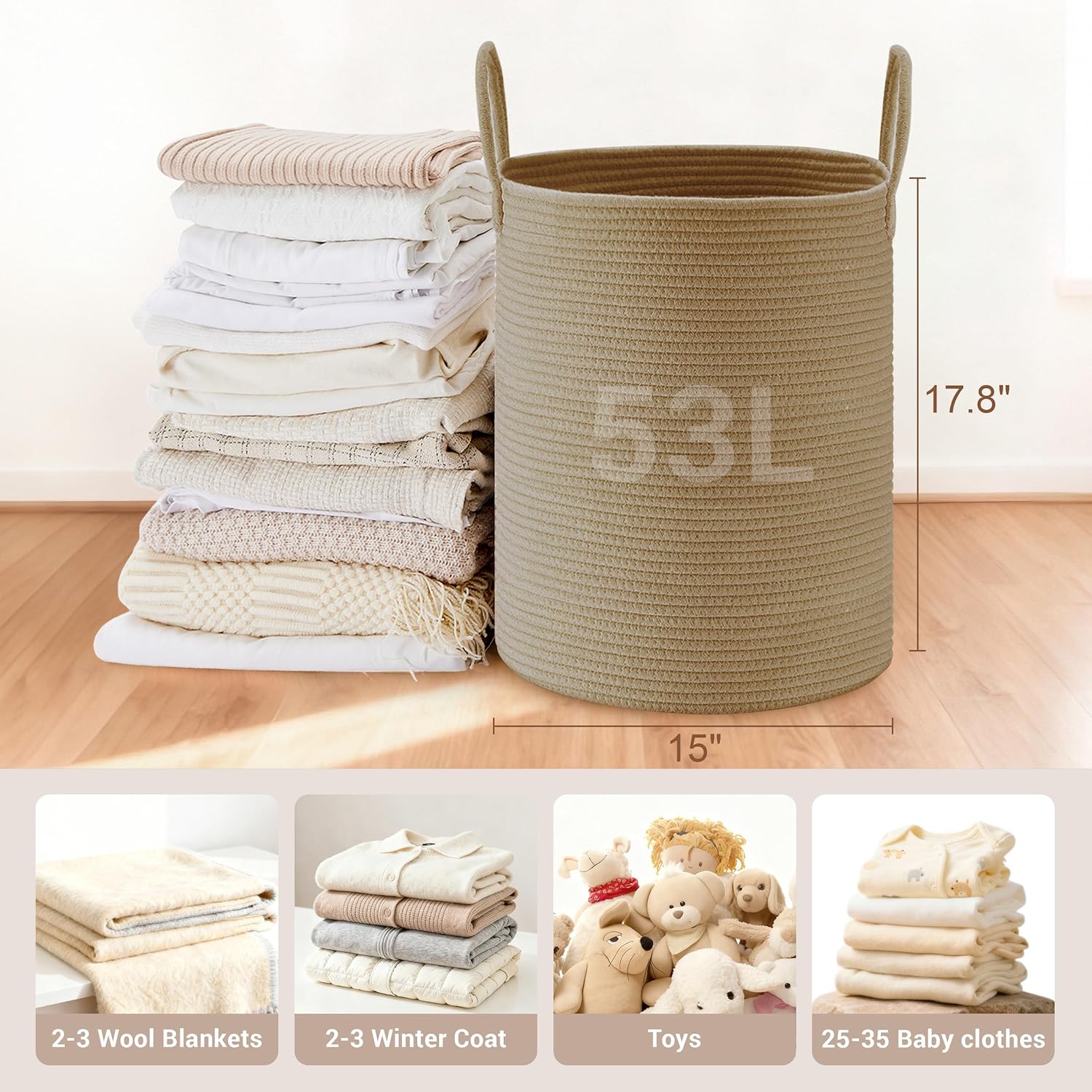 Tall Laundry Basket with Handles, 53L Portable Dirty Clothes Hamper, Boho Cotton Rope Storage Bin for Blankets Kids Toys Gifts, Decorative Organizer for Baby Nursery Bedroom Bathroom, Jute