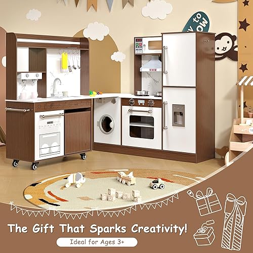 Miniatura 9 de Juego de cocina de esquina de madera para niños, cocina de juego grande con fregadero con agua corriente, estufa con luz y sonido, máquina de hielo