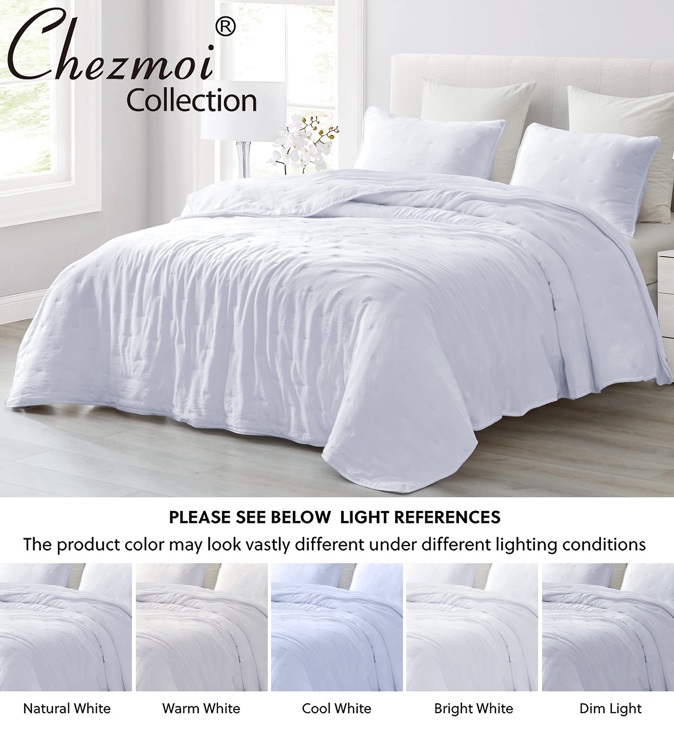 Chezmoi Collection Marie 3-Piece Line Stitch Embroidery Quilt Set - Soft Washed Microfiber Lightweight Comforter Set Quilted Bedspread Coverlet Set (King, White)