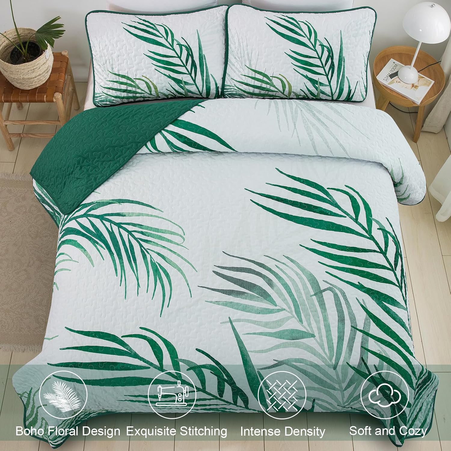 Goodidea Botanical Quilt Set Queen,3 Pieces Green Palms Tree Bedspread Reversible Lightweight Soft Microfiber Bedding Set with 2 Pillowcases for All Season(Queen,96"x90") - Image 3