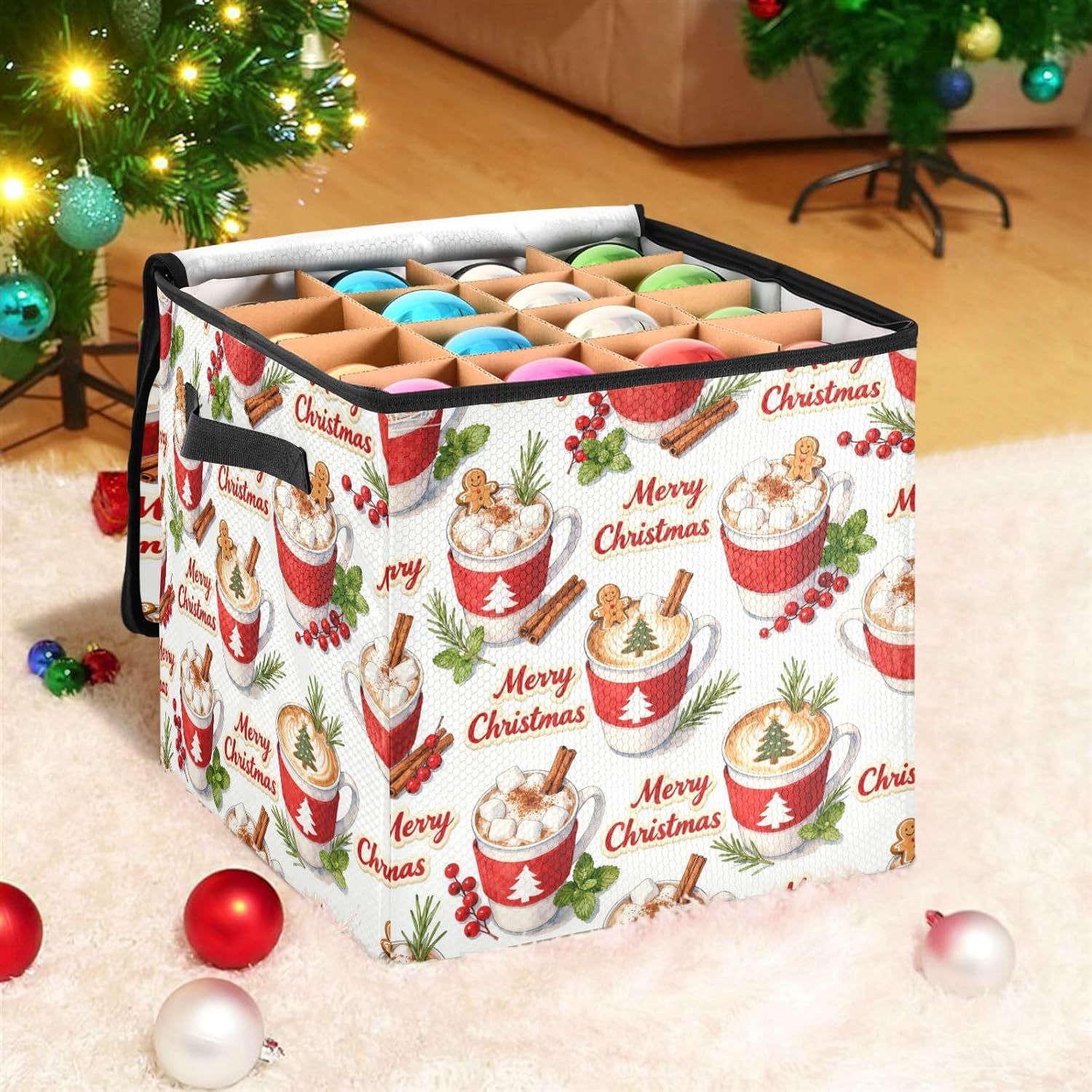 High Capacity Christmas ornament storage bag Holds Up to 64, Adjustable Dividers, Zippered Top, Two Handles Large Holiday Storage Case with Lid,Merry Christmas Cake