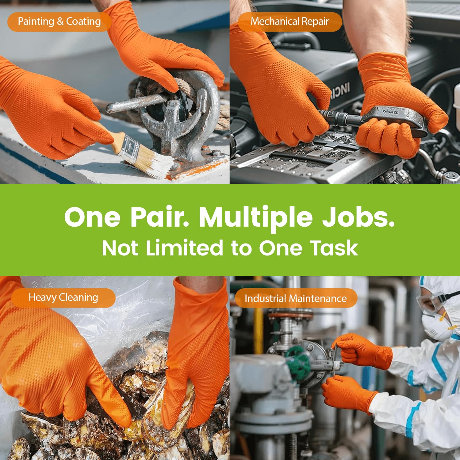 TREEGO Guantes de nitrilo naranja de 10 mil, medianos, desechables, resistentes, sin látex ni polvo, resistentes a los químicos, agarre de diamante para automoción, preparación de alimentos, limpieza