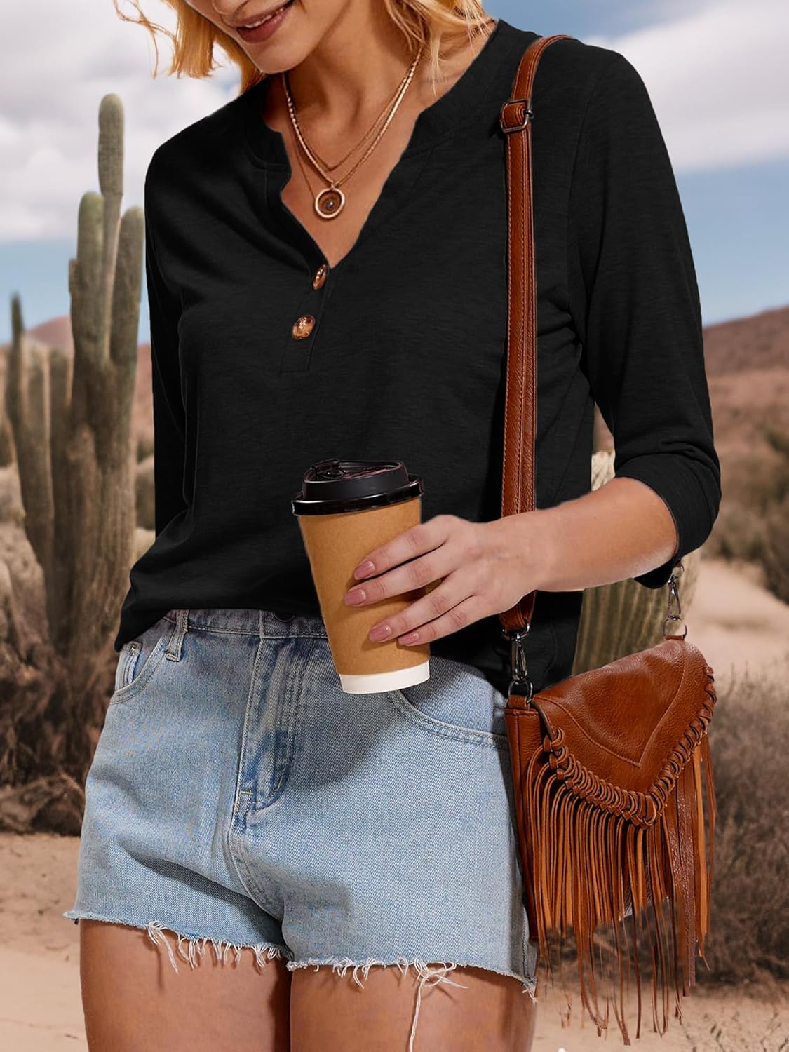 Womens Western Tops 3/4 Length Sleeve Shirts V Neck Graphic Shirts for Women Loose Casual Tunic Blouses Cactus Desert Tees - Image 4