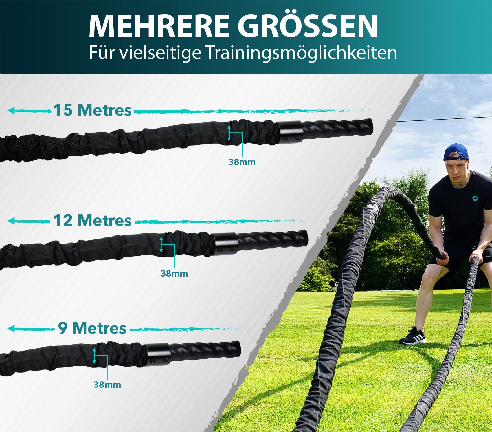 RPM Power Battle Rope - Fitness, Muskelstärkungsseil für Bodybuilding-Workouts - inklusive Anker (15 Metre)