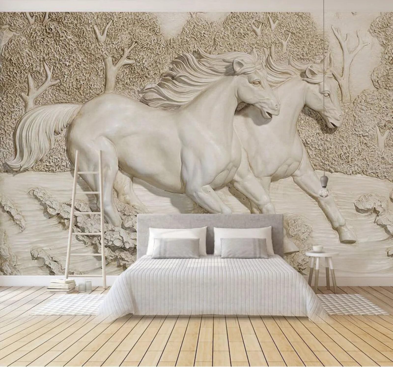 Three Dimensional Relief Forest White Horse Art 3D Wallpaper Easy Install Feature Office Living Room Sofa Bedroom TV Background Wall Decoration-350cm×256cm